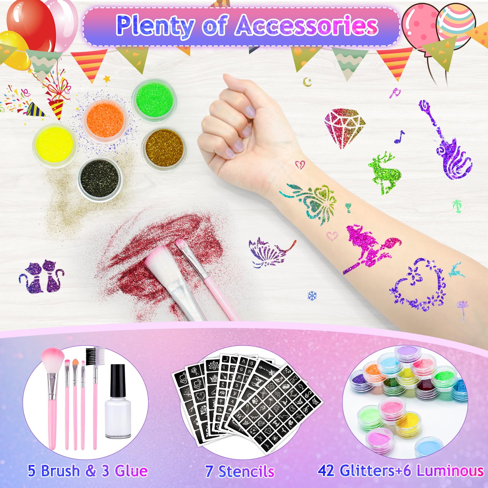 Glitzer Tattoo Set, 48 Farben Temporäre Glitzertattoo mit 204 Schablonen, 5 Pinsel, 3 Kleber und 218 Strasssteinen Wasserdichte Tattoos für Partys - 3