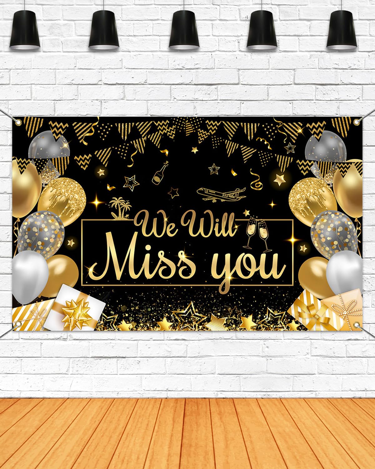 Mocsicka We Will Miss You Backdrop Banner Extra Large Black Gold Going Away Retirement Party Decorations Farewell Party Background for Photography (