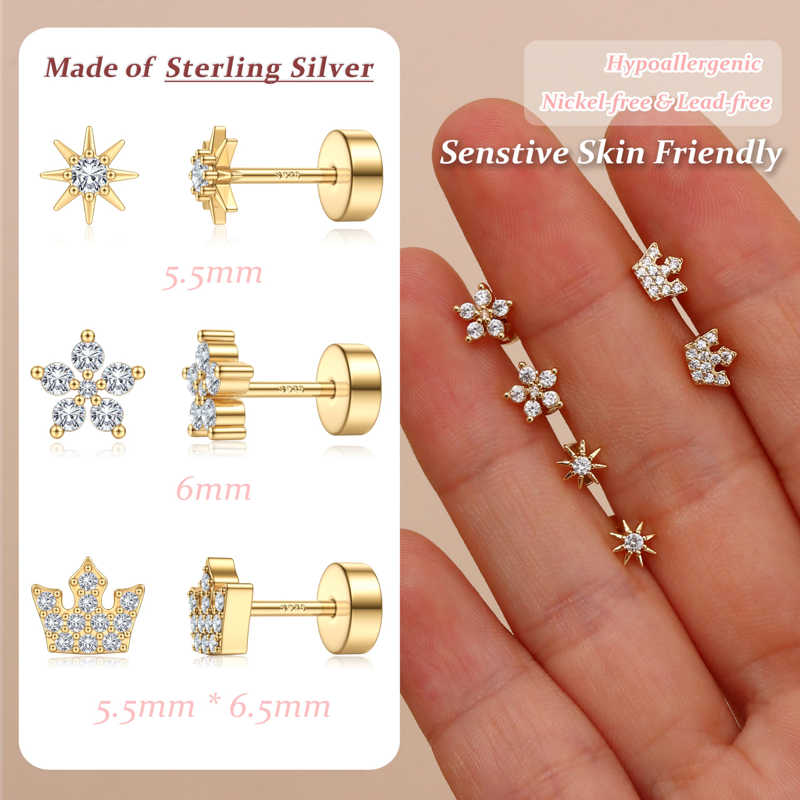 BodyBonita Ohrstecker mit flacher Rückseite für Damen – kleine hypoallergene Ohrstecker aus 925er Sterlingsilber mit 14 Karat vergoldeten kleinen Ohrsteckern mit Zirkonia für Helix-Piercing-Schmuck