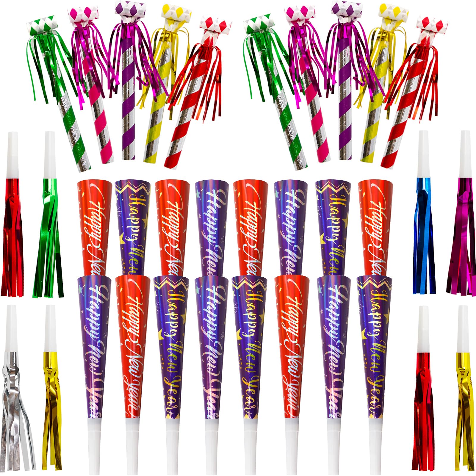 50 Pack Happy New Year Noise Makers Horns Tassel Squawkers 2025 Colorful Party Noisemaker Set Adults Kids Party NYE Party Favor Supplies