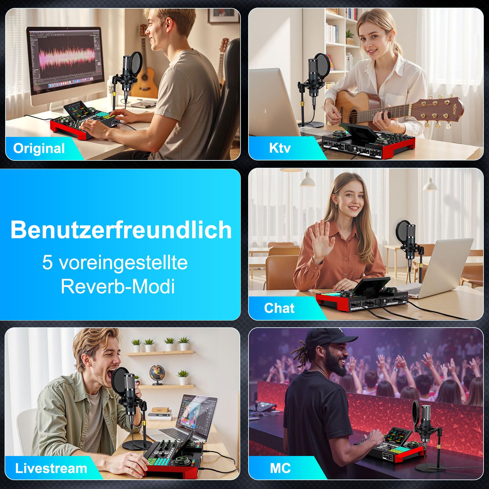 Podcast Mikrofon Set mit Audio Mixer, 3,5mm Kondensator Mikrofon für Streaming & Gesang, Voice Changer, Rauschunterdrückung, Plug & Play für PC, Handy, YouTube & TikTok Creator