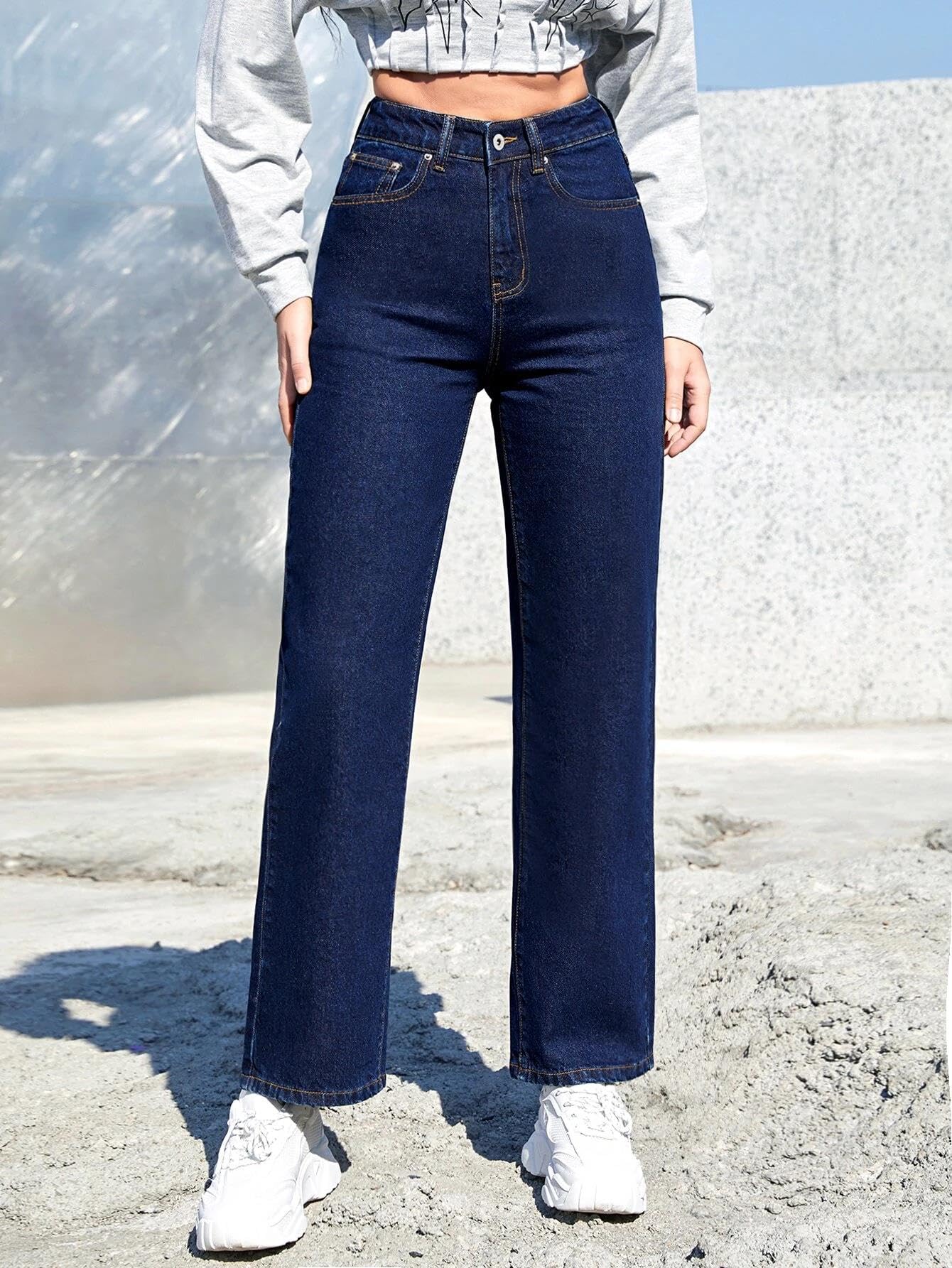 KOTTY Jeans lisos de talle alto para mujer, color azul, Azul índigo, 28