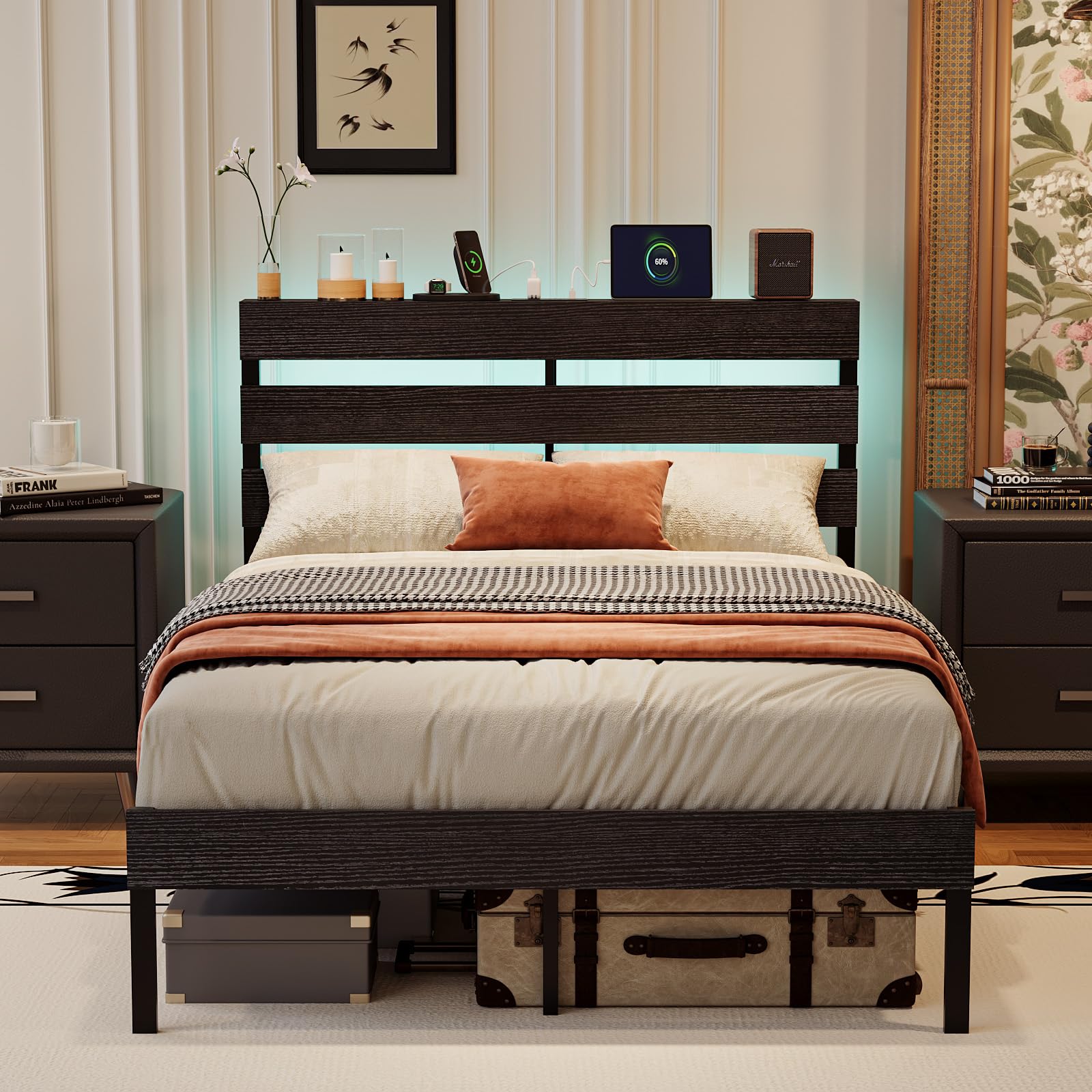 Bonnlo 4ft6 Double Bed Frame with Storage Headboard & LED Lights, 135x190cm, Metal Bed Frame with Charging Station (USB/Type-C/2 Outlets), UnderBed Storage/Enhanced Support Noise Free, Black