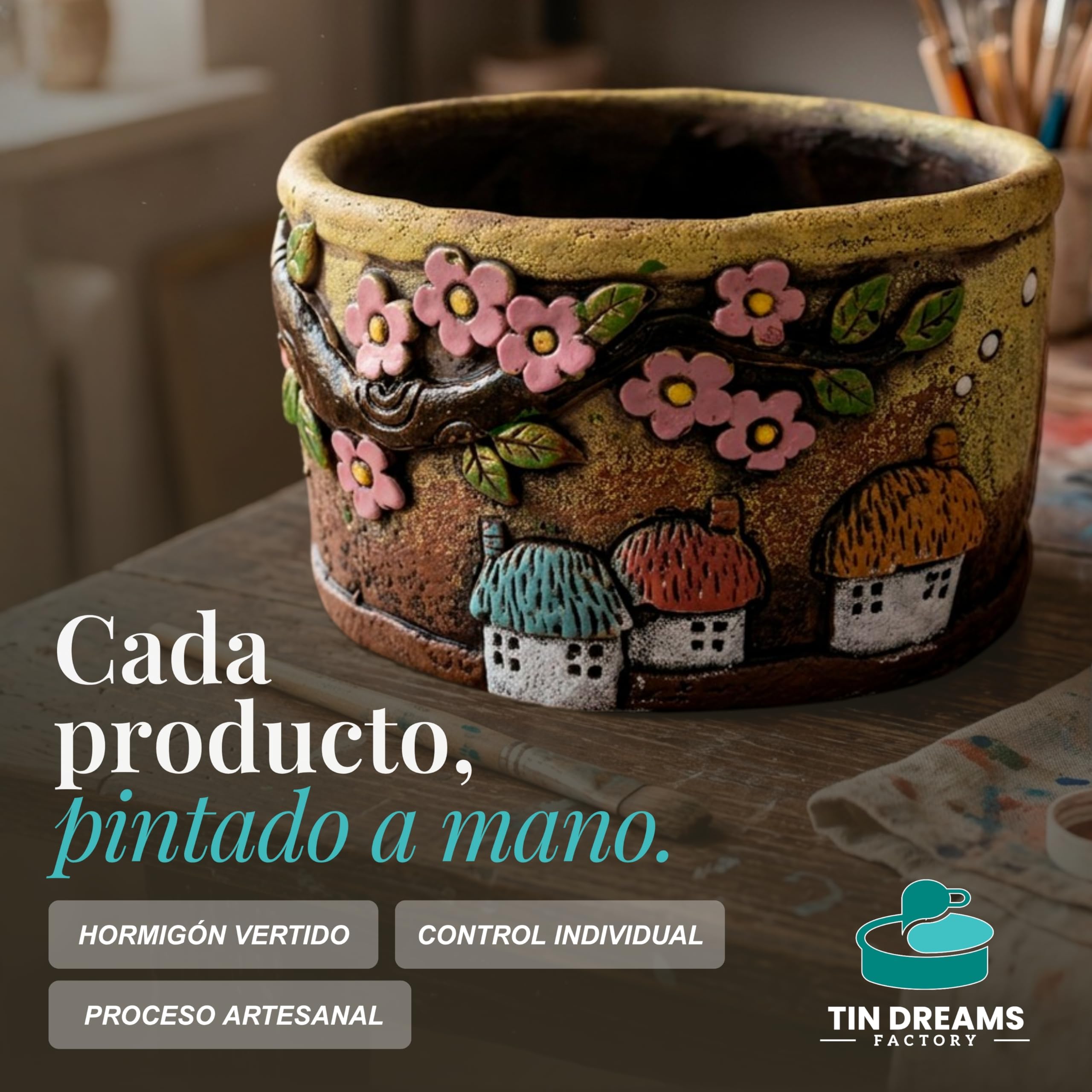 TIN DREAMS | Maceta Decorativa con Casitas de Pueblo – Macetero Hormigón Pintado a Mano – Tiesto para Plantas Interior y Exterior – Maceta Artesanal para Jardín, Terraza o Balcón – 19,5 x 19,5 x 10 cm