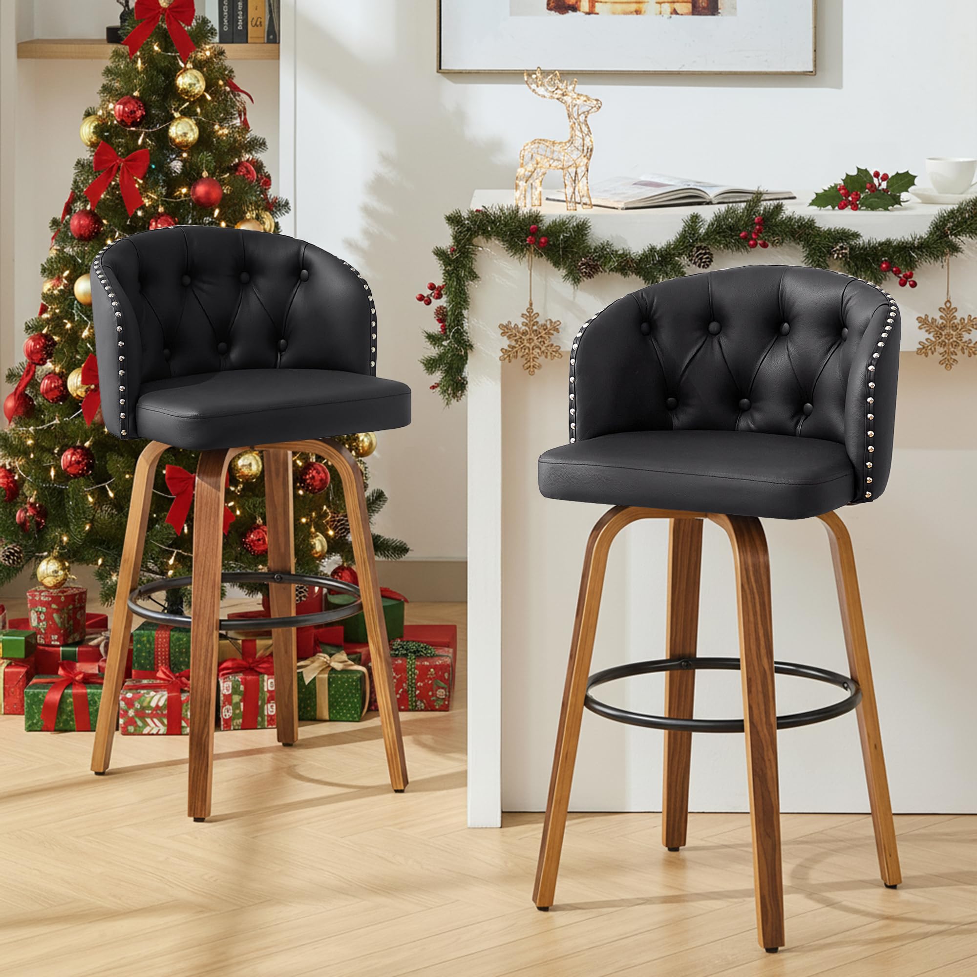 28" H Counter Height Bar Stools Set of 2，360°Swivel Bar Stools with Back,Seat Height Upholstered Counter Stools with Wood Legs and Footrest，Leather Farmhouse（Black）