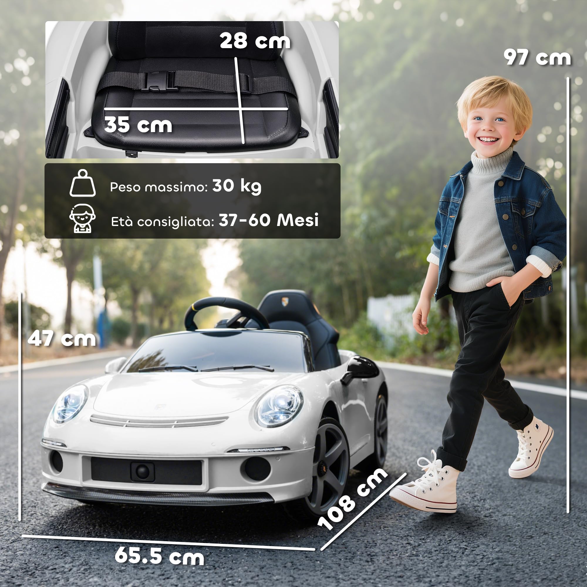 AIYAPLAY Macchina Elettrica per Bambini 3-5 Anni Licenza RUF GT Bianco | Auto Elettrica per Bambini, con Telecomando, Avvio Lento, Cintura di Sicurezza, Luci, Musica e USB