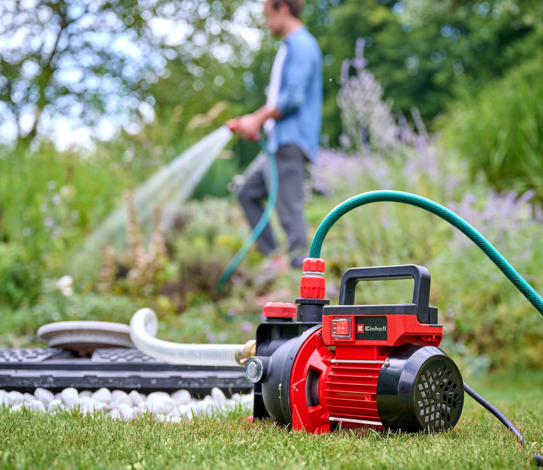 Einhell Gartenpumpe GC-GP 6050 ECO PLUS (max. 5000 L/h Fördermenge, max. 40 m Förderhöhe, ECO PLUS Technologie, Wasserablassschraube, inkl. Universaladapter 33,3 mm)