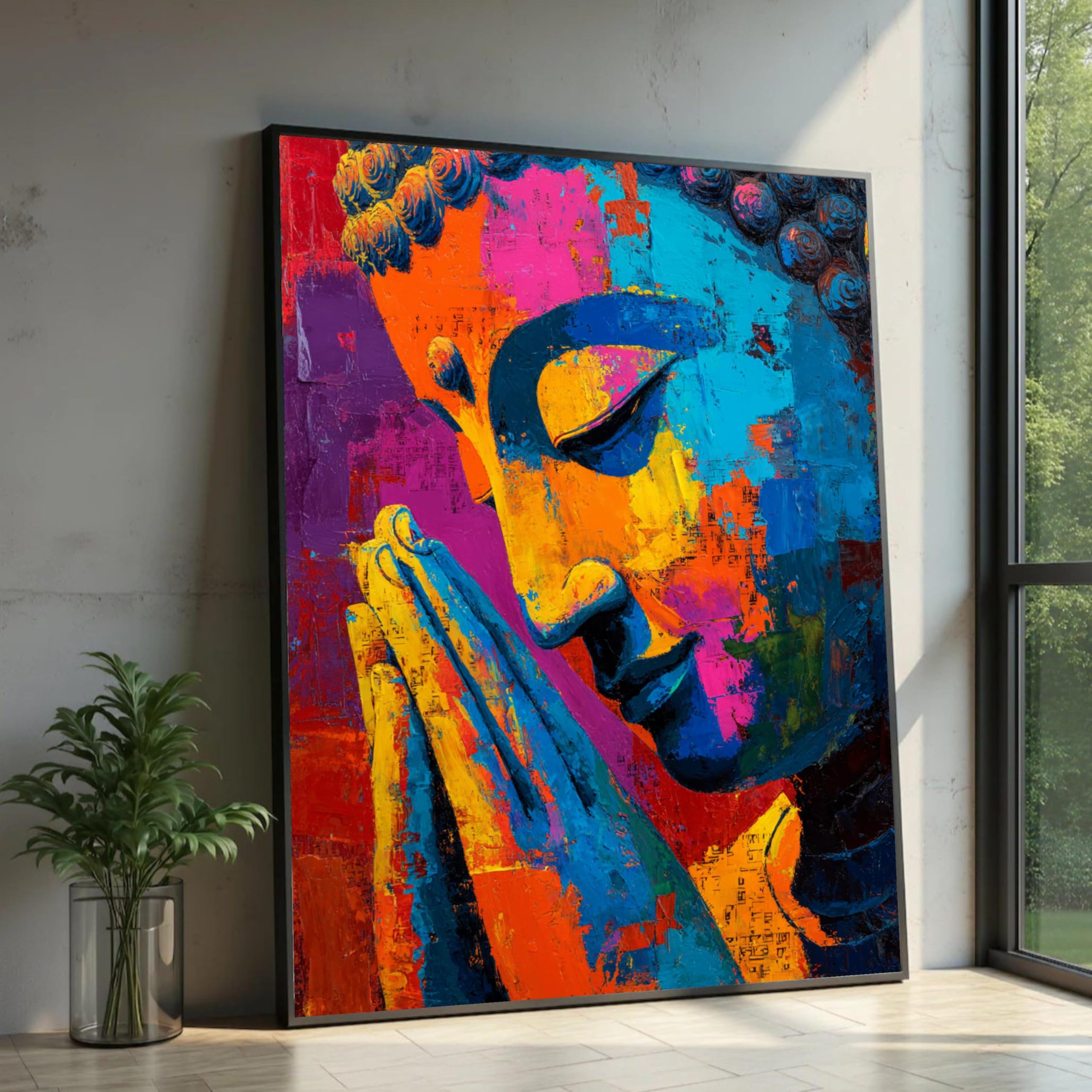 XINBAO Kolorowy Budda Obraz na płótnie Abstrakcyjna Dekoracja Medytacja Gotowy Do Powieszenia, Duże Dzieło Sztuki Na Płótnie Ścienne Rozmiar Obrazu (70 x 100 cm / Wewnętrzna rama)
