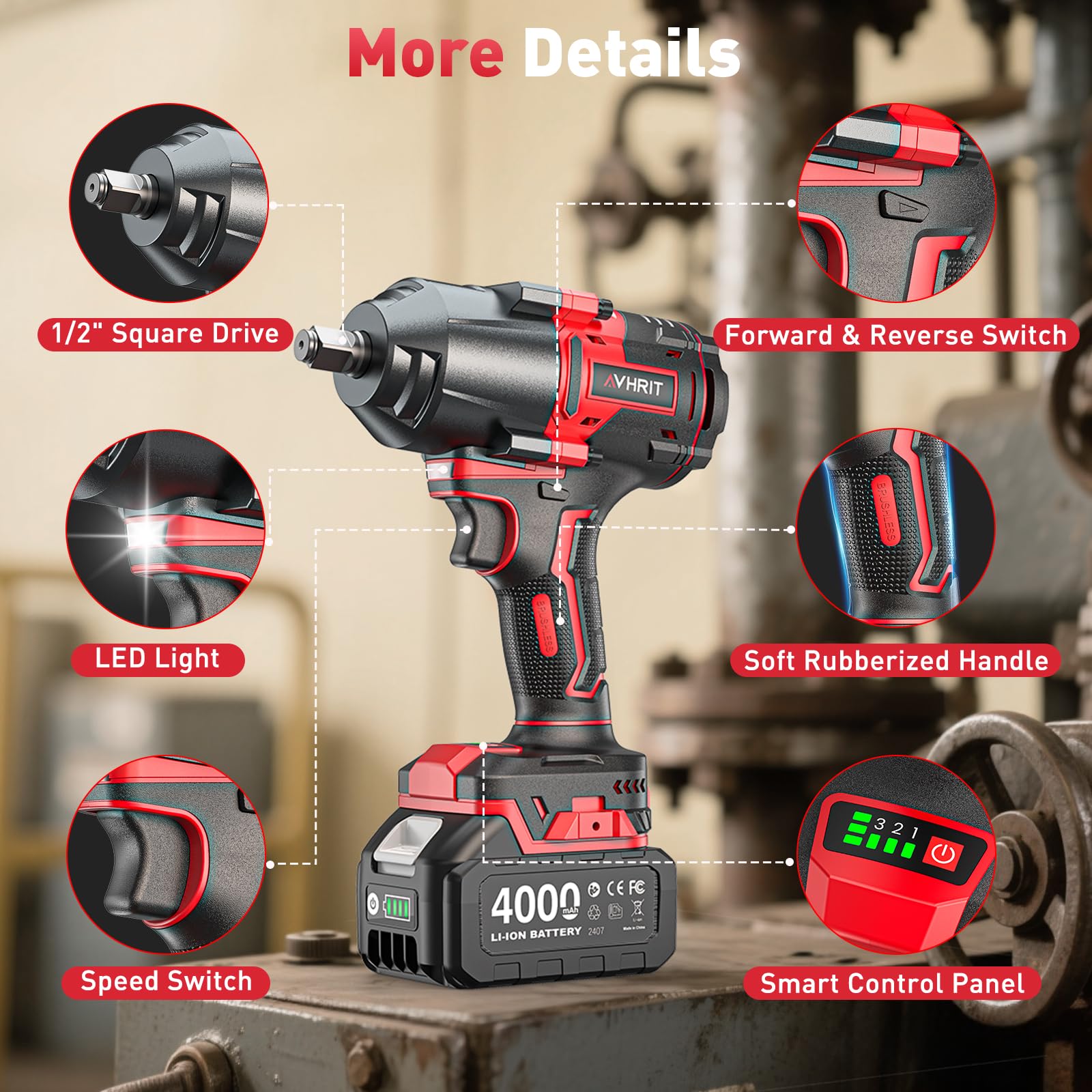Llave de Impacto Inalámbrica 1600N.m con 2x 4000mAh Baterías, 1/2 Pistola de Impacto Batería, Eléctrica Llave de Impacto para Coches Camiones, con 5 Enchufes