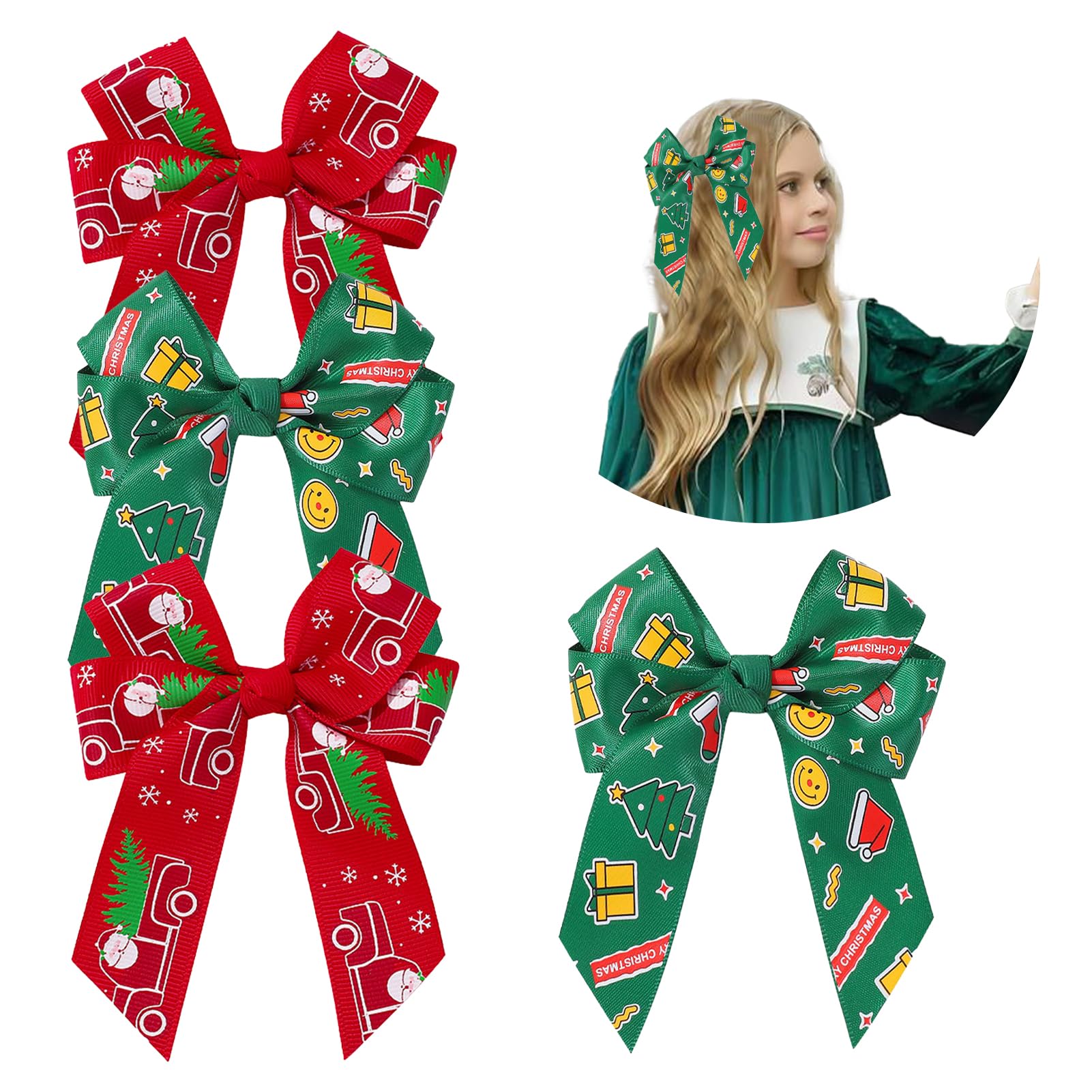 Christmas Hair Clips with Alligator Clips Red Hair Bow for Girls Green Bow Clips 3,5 Inches Santa Claus Grosgrain Ribbon Christmas Hair Accessories