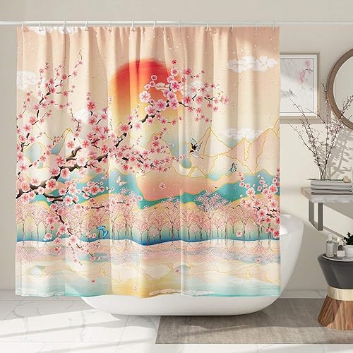 Miniatura 2 de DESIHOM Cortina de ducha japonesa de arte asiático, cortina de ducha de montaña, cortina de ducha de anime de flor de cerezo de poliéster, 72 x 72