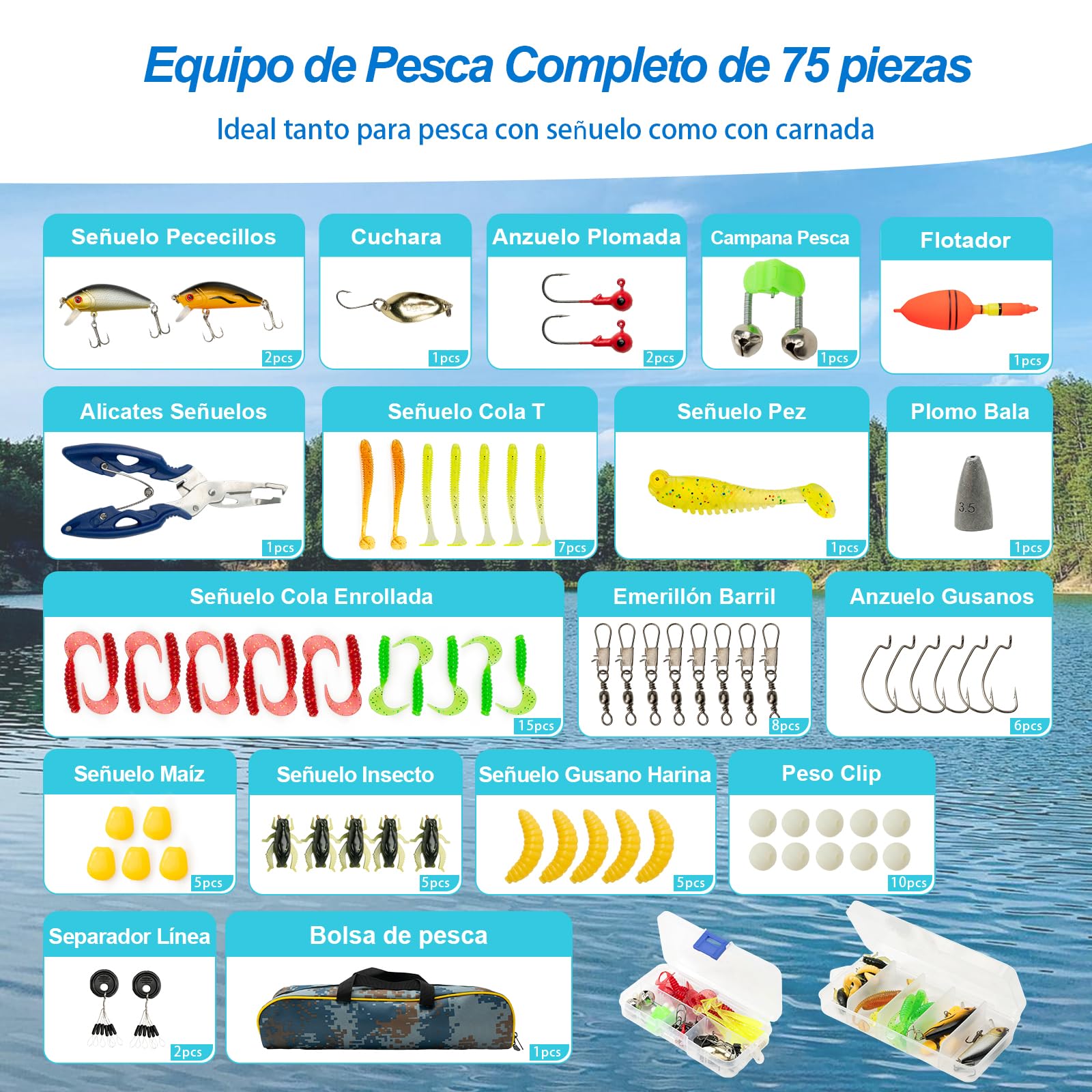 Kit de 2 Cañas de Pescar Niños 1,8m Telescópicas Ligeras 240g, Kit Completo con Carrete Giratorio 5,2:1 Spinning, Señuelos, Accesorios y Bolsa de Transporte, Mar Lago Río, Regalo Principiantes