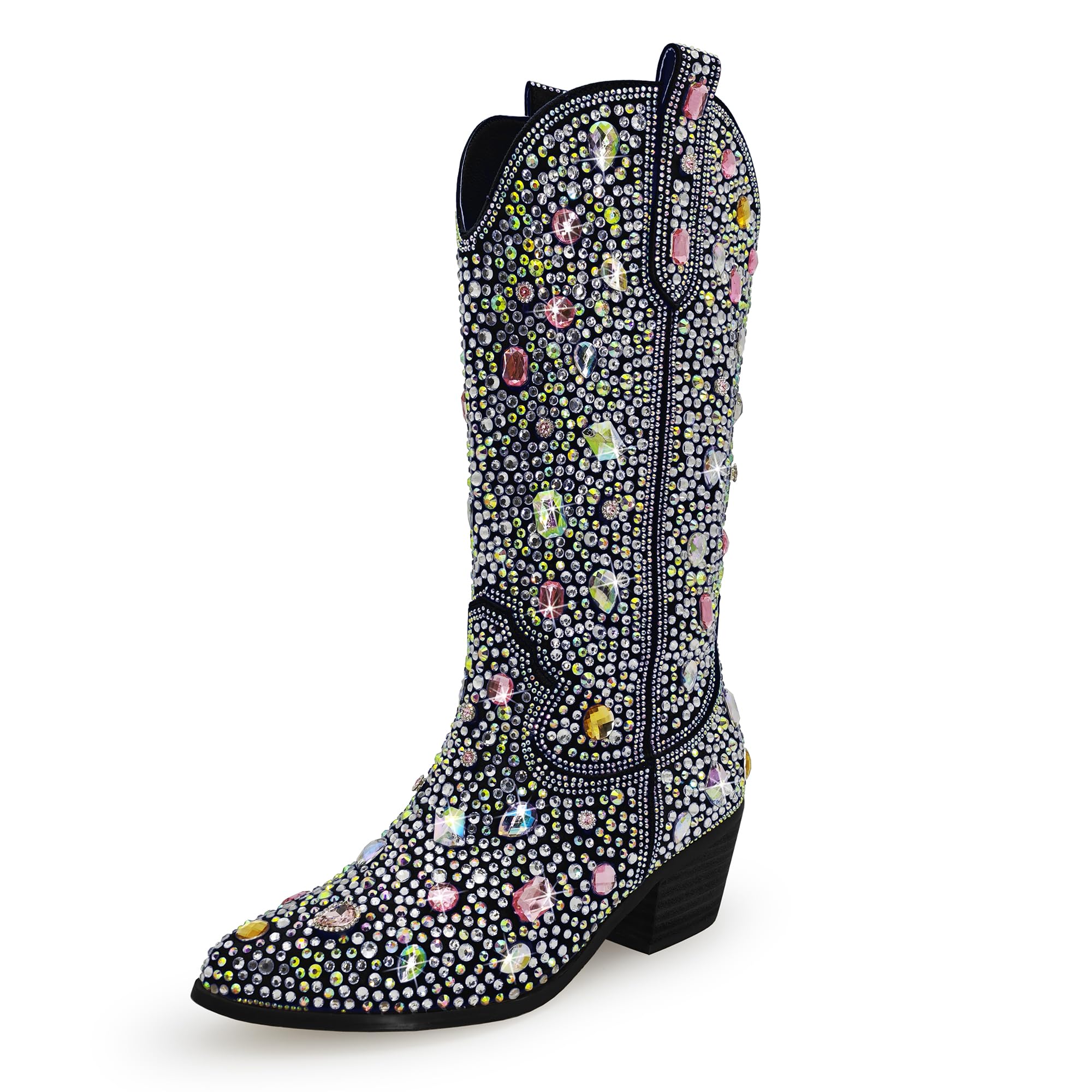 driceic Wide Calf Rhinestone Cowboy Boots Sparkly Cowgirl boots for Women Pointed Toe 2inch Chunky heels Pull On Tabs Shiny Glitter Fashion Party