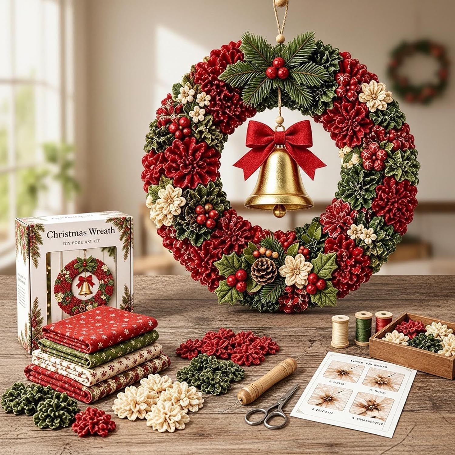 3D Fabric Poke Wreath DIY Kit, Christmas Wreath Craft Kit for Adults, DIY Handmade Poke Art Wreath Decoration for Home Holiday Crafting