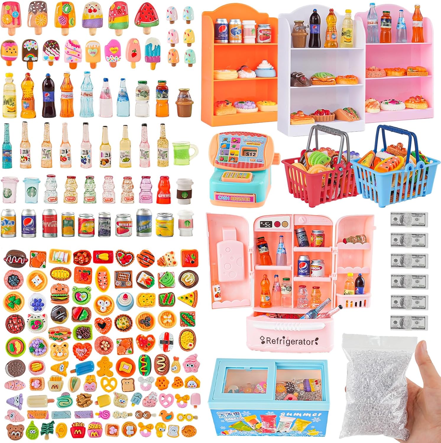 Miniature Food Play Set for Kids - Includes Refrigerator Freezer Ice Cream Drinks & Display Shelves Realistic Toy for Imaginative Play, for Toddlers