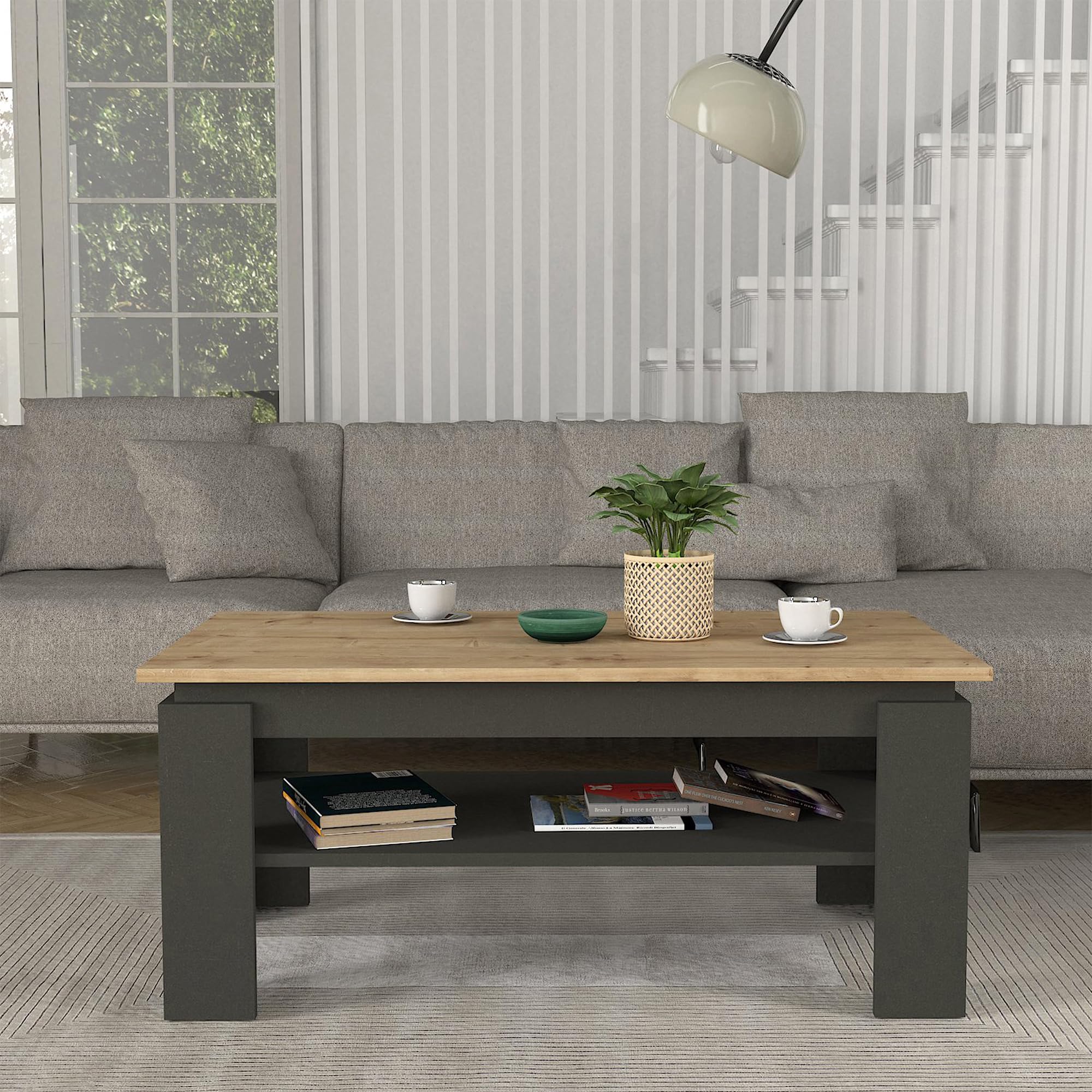 [en.casa] Mesa de Centro Krirdfjos Rectangular Mesa Baja con Estante para Salón Mueble Auxiliar Estructura Estable 110 x 60 x 47 cm - Antracita/Roble Zafiro