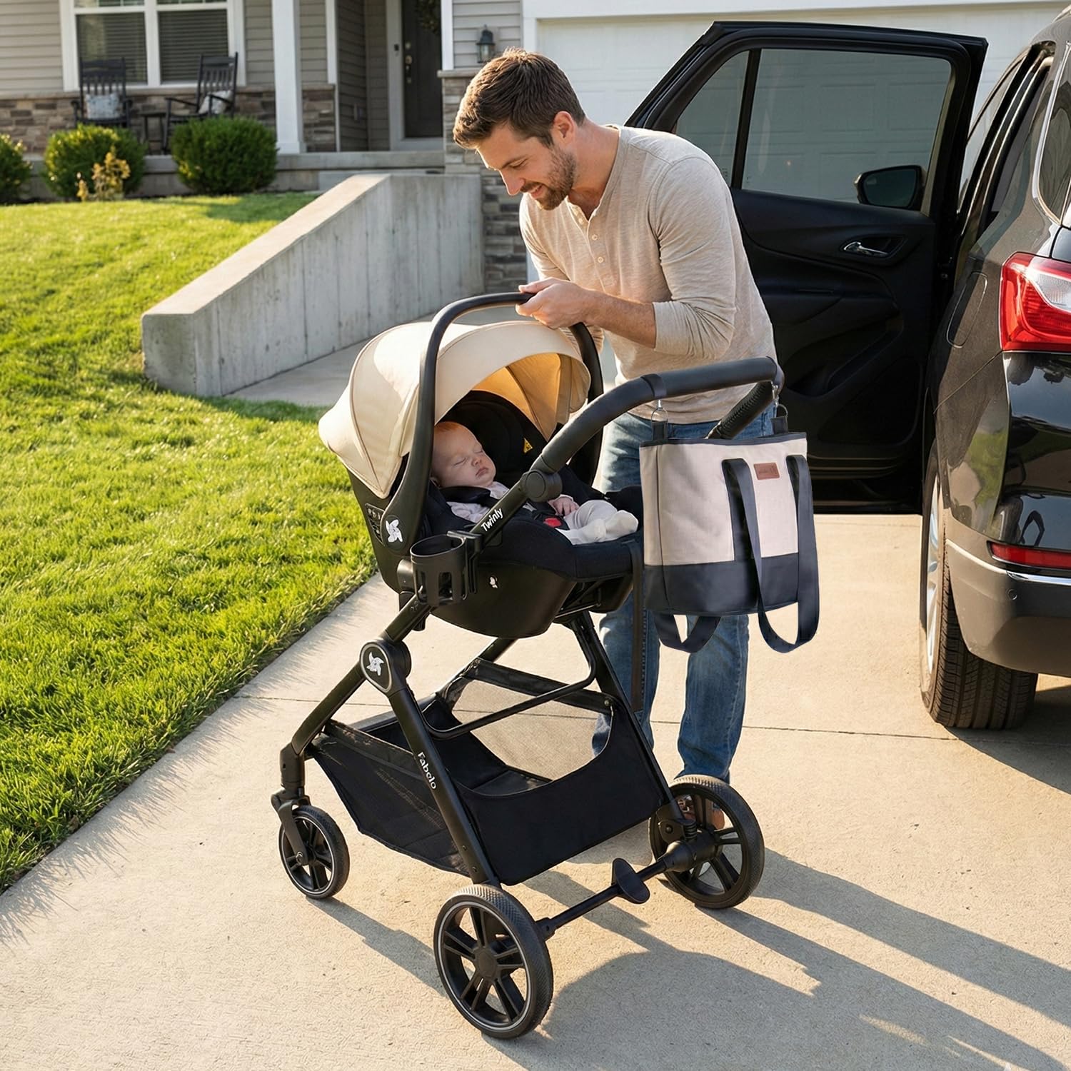 FABULY Twinly Kinderwagen 3 in 1 Komplettset – Leichter Kombikinderwagen ab Geburt – Beige