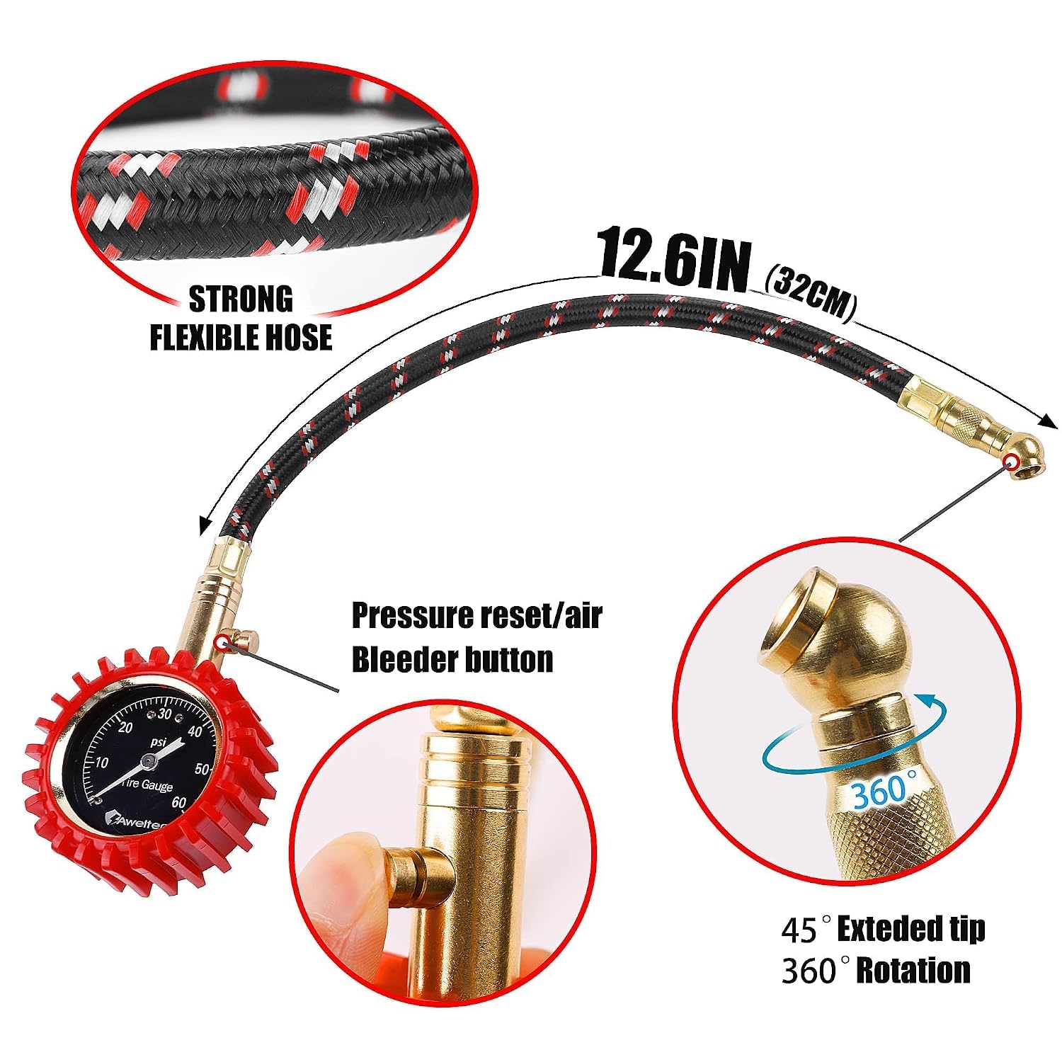 Tire Pressure Gauge 0-60 PSI with Long Hose – Heavy Duty Mechanical Tire Gauge, High Accuracy with Large 2" Glow Dial, 360° Swivel Chuck, Bleed Valve – for Car, SUV, Truck Tires