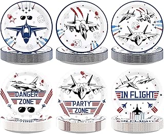 60Pcs Fighter Jet Pilot Paper Plates 9" Disposable Heavy Duty Military Jet Dessert Paper Plates Top Air Force Gun Tableware Set for Kids Airplane Aviation Aircraft Party Decorations