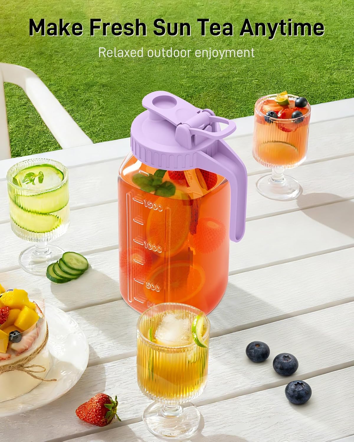 64 oz Glass Pitcher with Lid, Large Wide Mouth Mason Jar with Pour Spout, Purple Sun Tea Glass Jar for Outside, Juice Pitcher Great for Drink, Cold Beverages and Breast Milk - Image 7