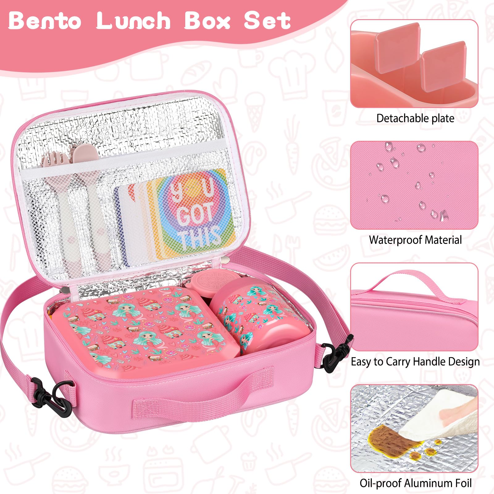 wiwens Juego de lonchera Bento para niños con recipiente térmico de sopa de 12 onzas a prueba de fugas con 5 compartimentos, tarro térmico de comida caliente y bolsa de almuerzo aislada para niños