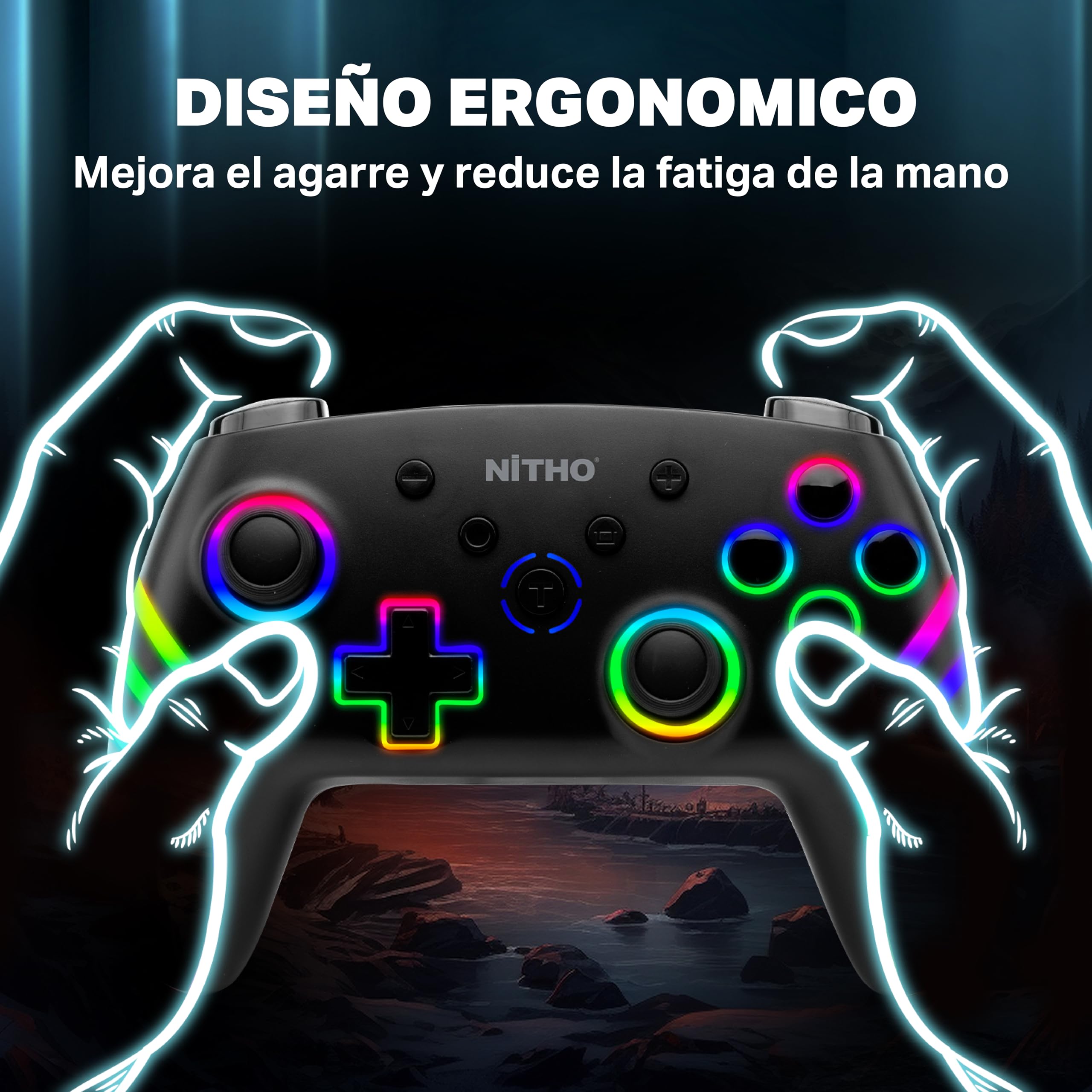 NITHO NEXUS DARK OPS Mando Inalámbrico Compatible con Switch/Switch 2/PC/Android/iOS, Gamepad con Giroscopio de 6 Ejes, Luz LED RGB, Vibración Dual, Turbo, Joystick con Diseño Ergonómico - Negro
