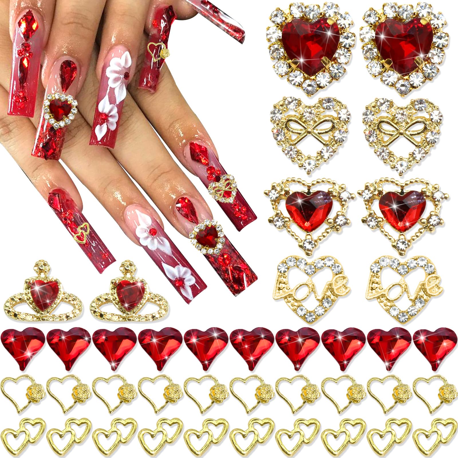RODAKY 40PCS Heart Nail Charms Red Crystal Nail Gems Valentine's Day Charms for Nails Art Luxury Rhinestone Nail Decoration Accessories for Women Manicure