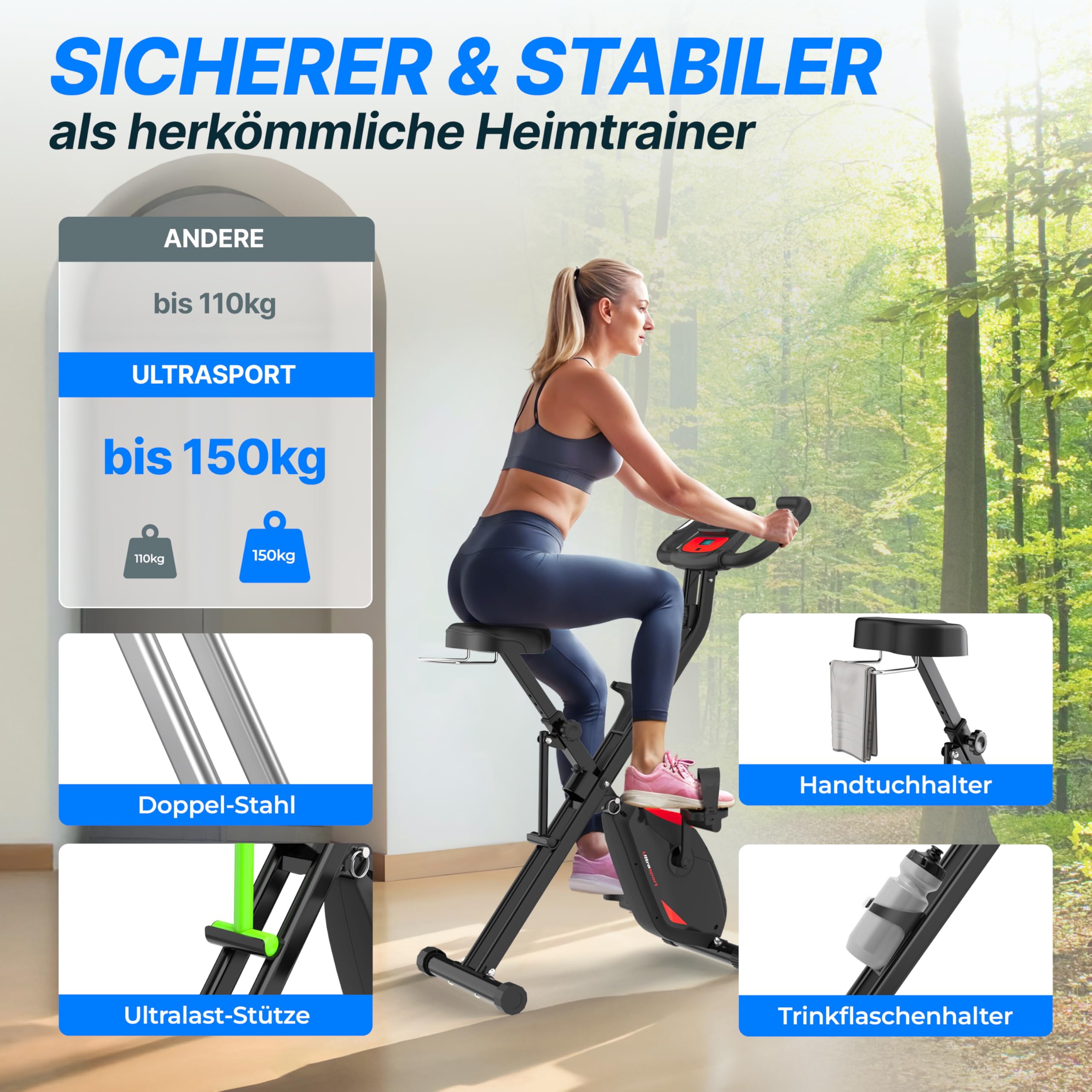 Ultrasport F-Bike Pro Heimtrainer Fahrrad Klappbar I Hometrainer Fahrrad Klappbar bis 150 KG mit Komfort-Sattel, 16 Stufen, App Funktion, Extra Leise I Ergometer Heimtrainer, Fitnessbikes