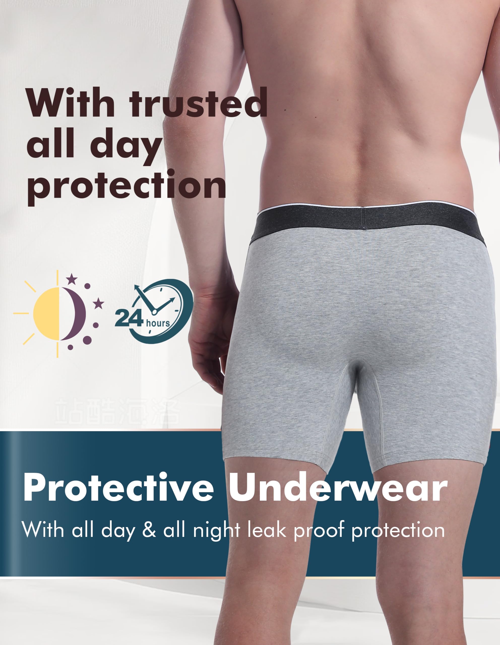 AIRCUTE Ropa interior de algodón lavable para incontinencia urinaria para hombres, entrepierna de 6 pulgadas, calzoncillos tipo bóxer para fugas de vejiga, paquete de 3