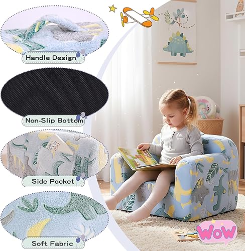 Miniatura 60 de Tiita Silla para niños, cómodo sofá plegable para niños, sofá ligero para niños con asa de transporte y bolsillos laterales, reposabrazos de espuma