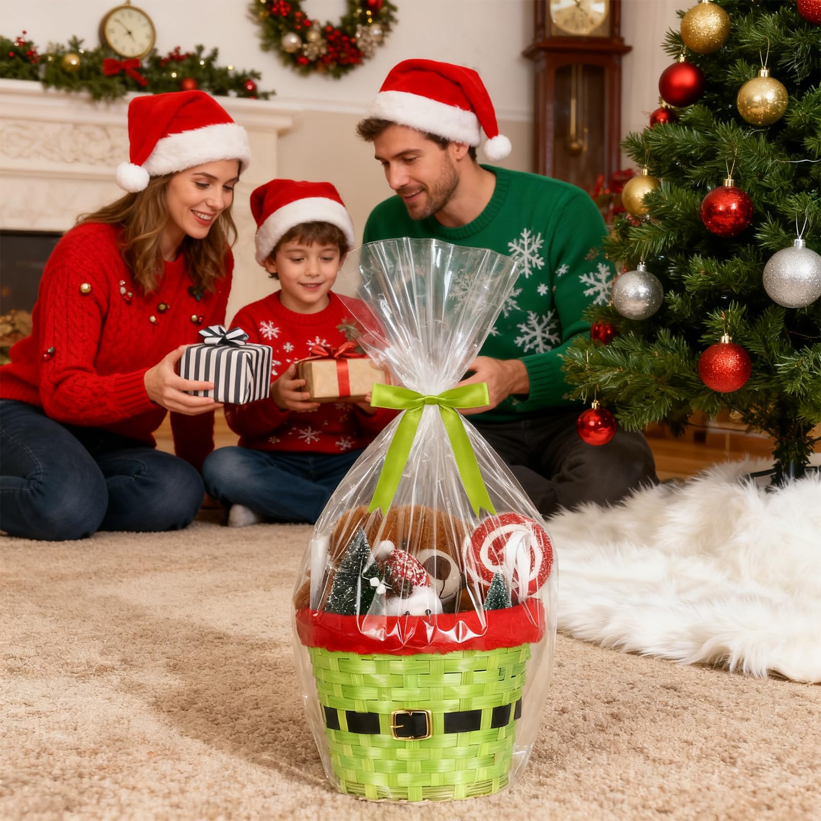 Threehoney Geschenkkorb für Weihnachten, leer, Bambuskorb, Korb mit Tasche und Schleife, Weihnachtsgeschenke für Damen und Herren, Aufbewahrungsgeschenk, Snack-Skep mit Griff für Weihnachtsdekoration