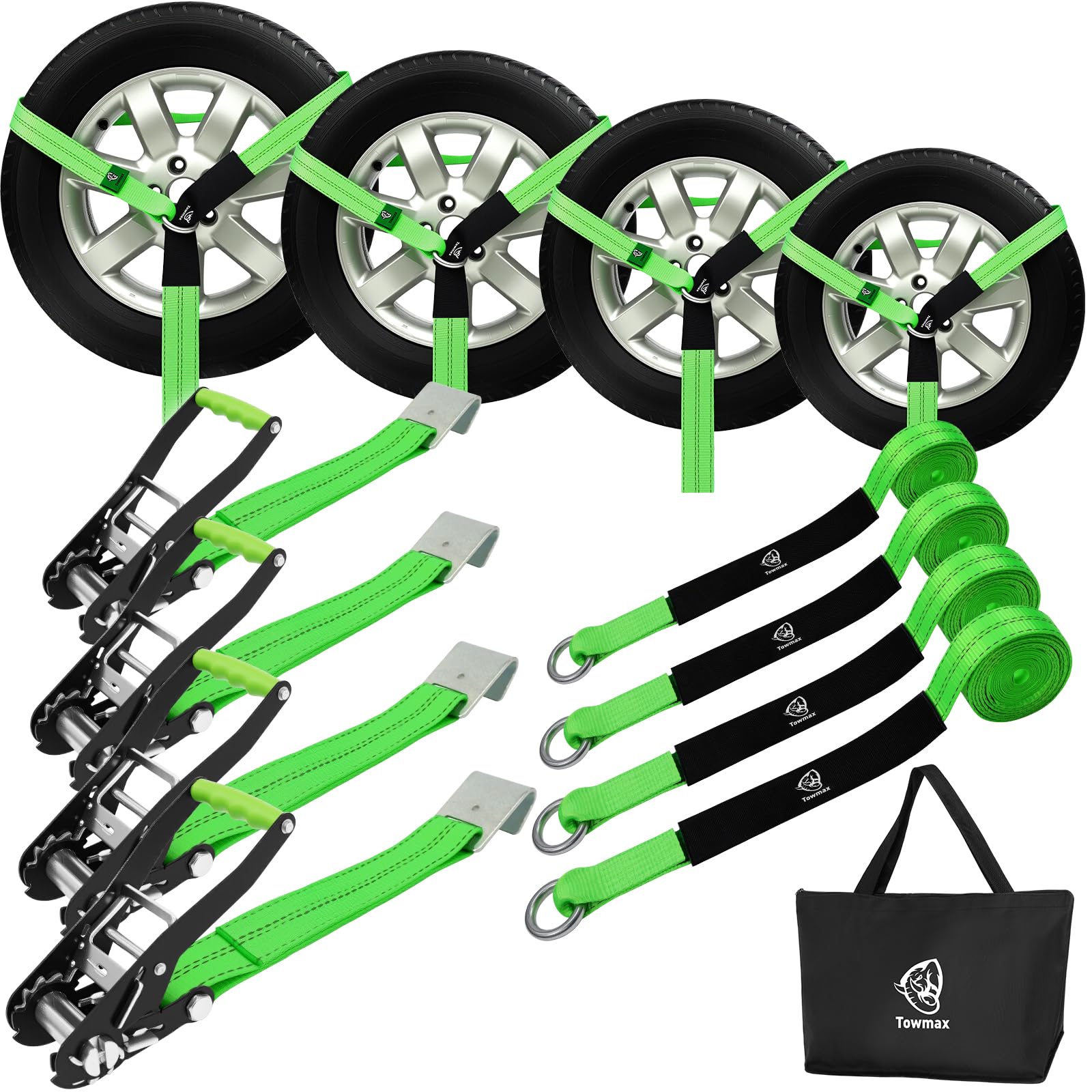 Photo 1 of Towmax 4 Pack Car Tie Down Straps for Trailers - 2" x 8' Heavy Duty Tire Straps with Flat Hooks - 10,000lbs Break Strength, Adjustable Lasso Style Wheel Straps for Hauling Cars, Truck, UTV(Green)