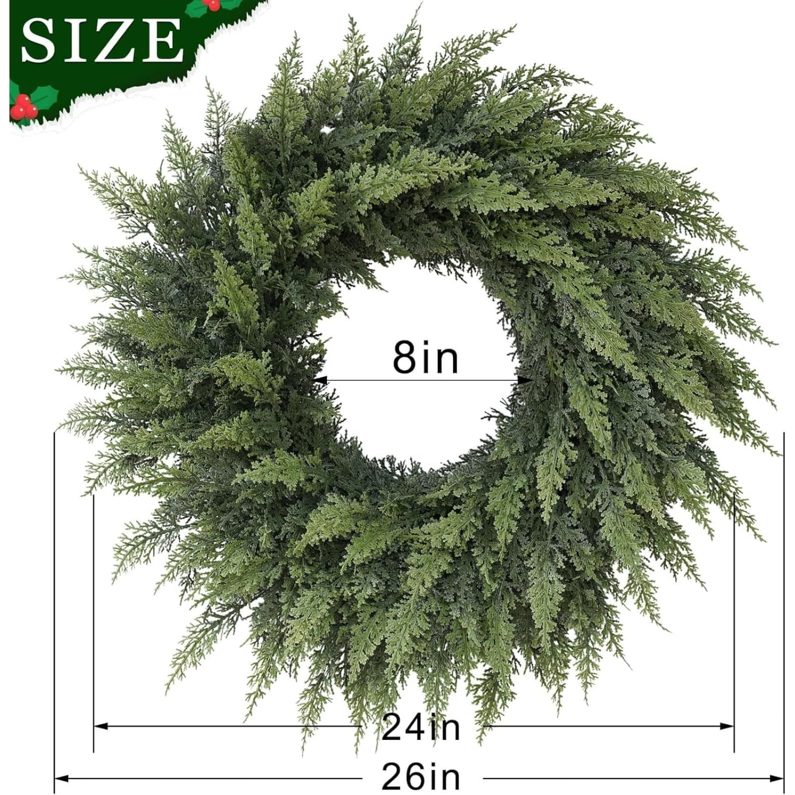 Künstlicher Zedernkranz, 61 cm, fühlt sich echt an – künstlicher Weihnachtskranz für Haustür, Urlaub, Kamin, Kaminsims, Wand, Fenster – Kieferngrün, Außendekoration