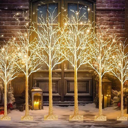 6 piezas de árbol de abedul iluminado de 4 pies, 5 pies y 6 pies, 8 modos de Navidad, luces LED artificiales de color blanco cálido, árbol de abedul