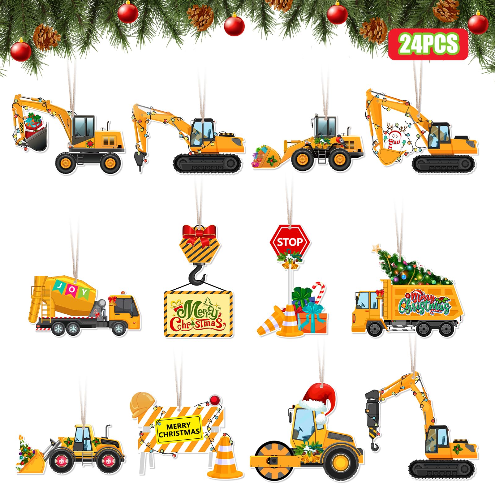 Décoration sapin Noël bois camion chantier (Lot de 24 suspentes vintage festives)