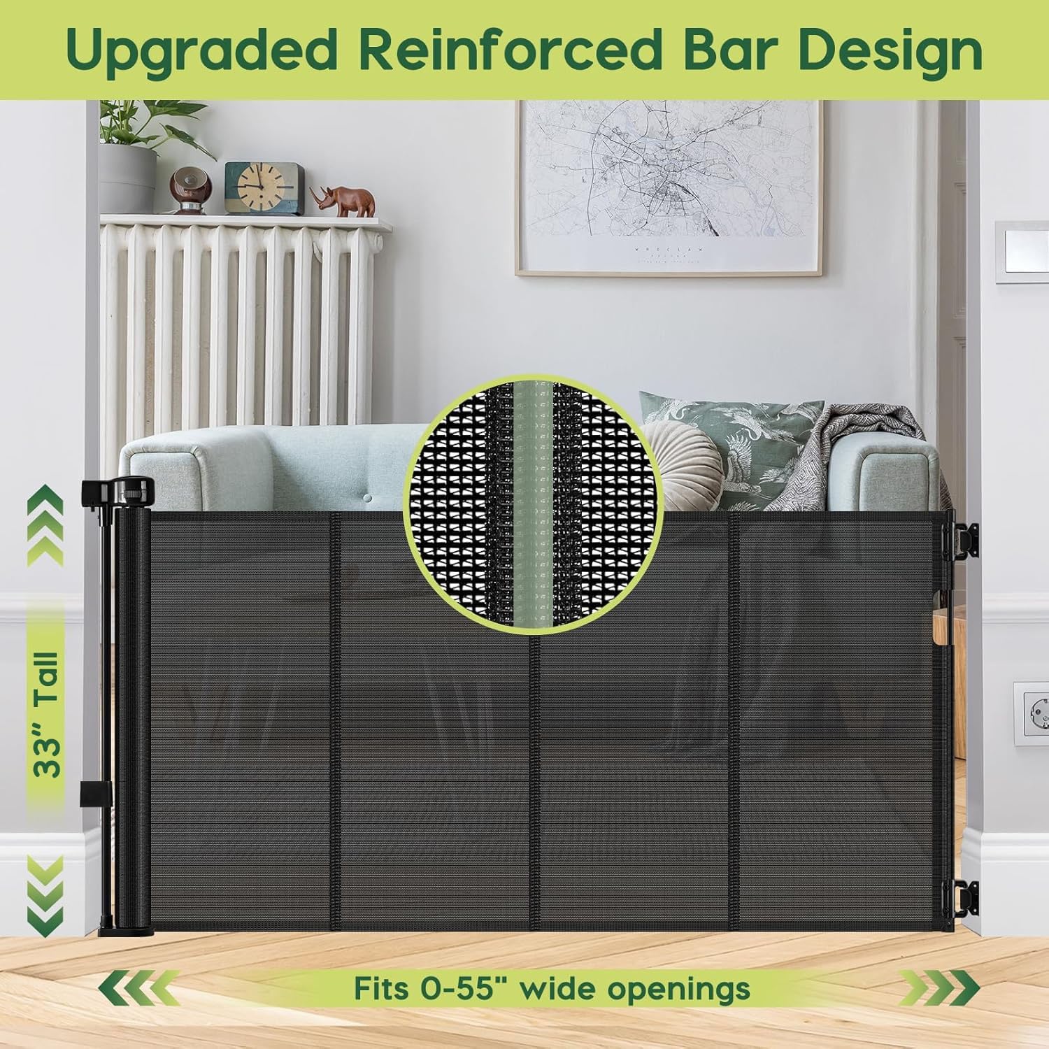Reinforced 55 Wide Retractable Baby Gates with Reinforced Strips, Indoor/Outdoor Retractable Dog Gate for Doorway Prevent Bottom Drilling Through, No Bottom Bar Safety Mesh Baby Gate for Stair, Black
