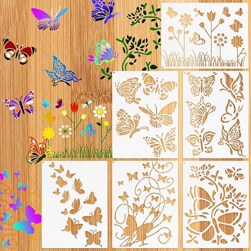 6 plantillas de pintura de mariposa, plantillas de flores de diente de león, plantillas reutilizables de mariposa con anillo abierto de metal para