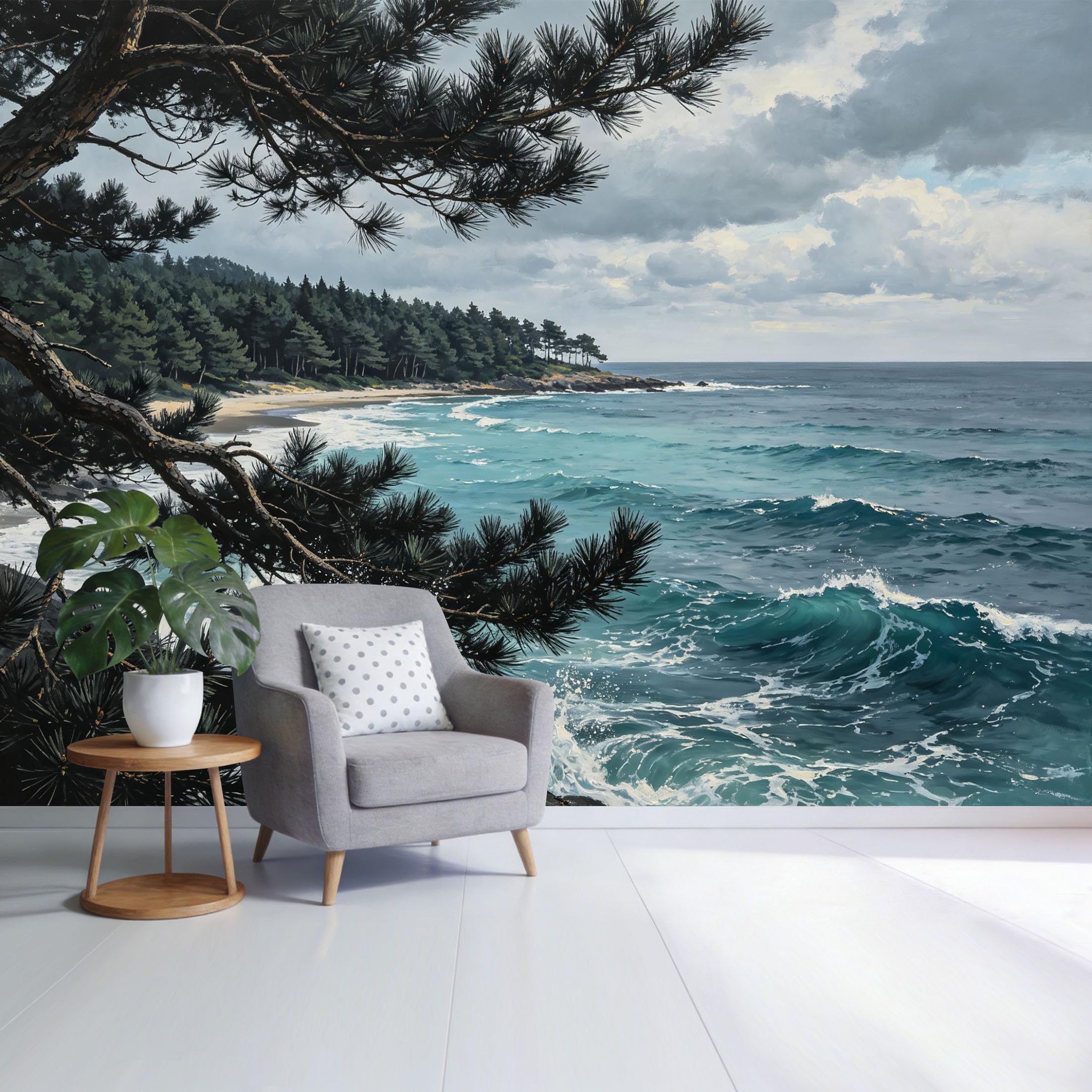Custom Size Wall Mural Coastal Ocean Waves Pine Forest Landscape Seaside Horizon View SelfAdhesive Wall Fabric Removable Wallpaper for Home Office Decor