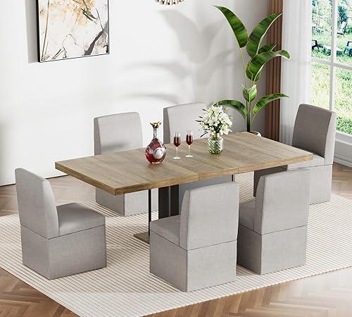 Miniatura 15 de Juego de mesa de comedor extensible para mesa de cocina extensible de 4, 5 piezas y 4 sillas de almacenamiento ocultas de lino tapizadas de madera