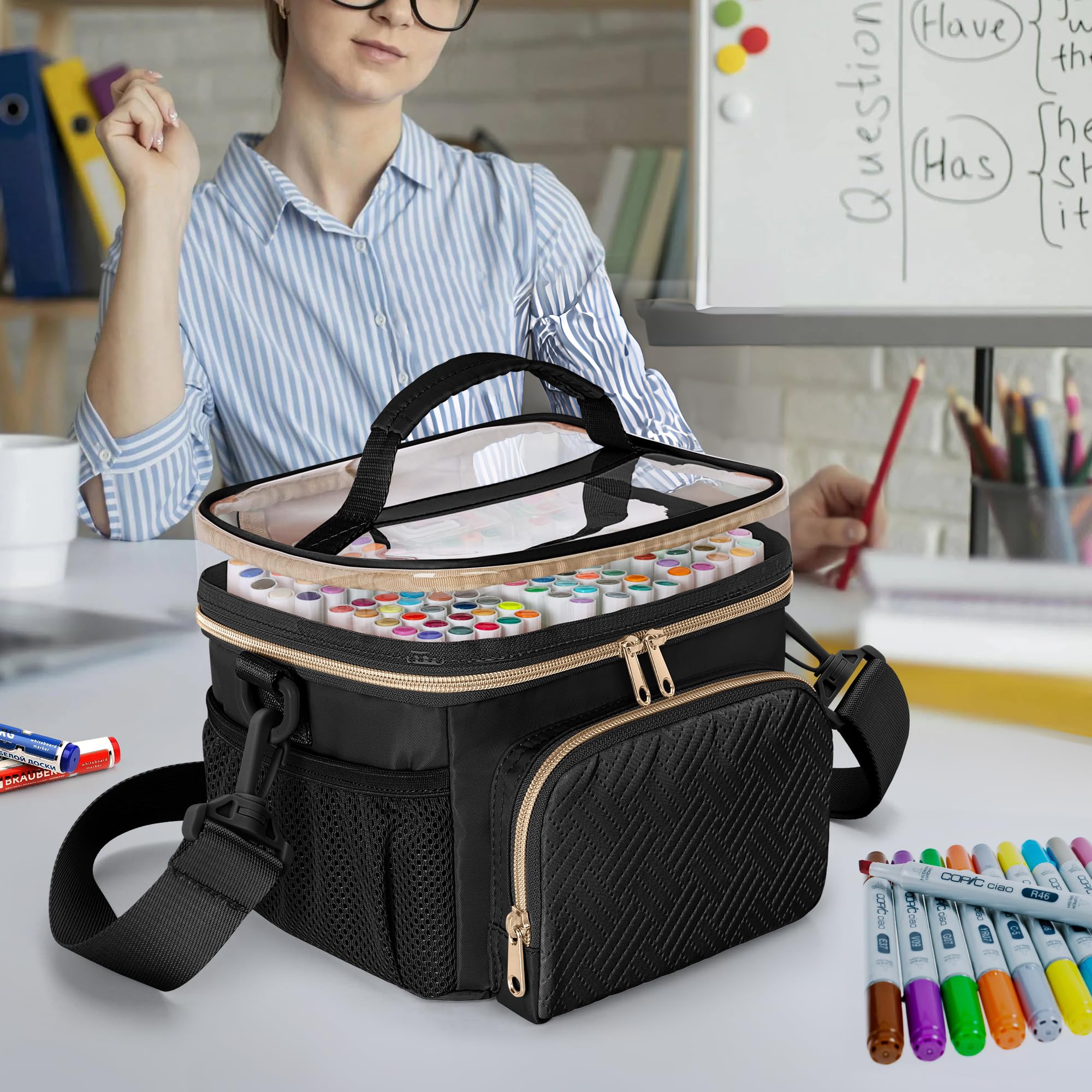 Rexmica Reisetragetasche Für 100 Farben Marker Stifte, Marker Aufbewahrungstasche mit Trennwand und Schultergurt, Reisetragetasche mit 3 Taschen, Schwarz (Leerer Beutel)