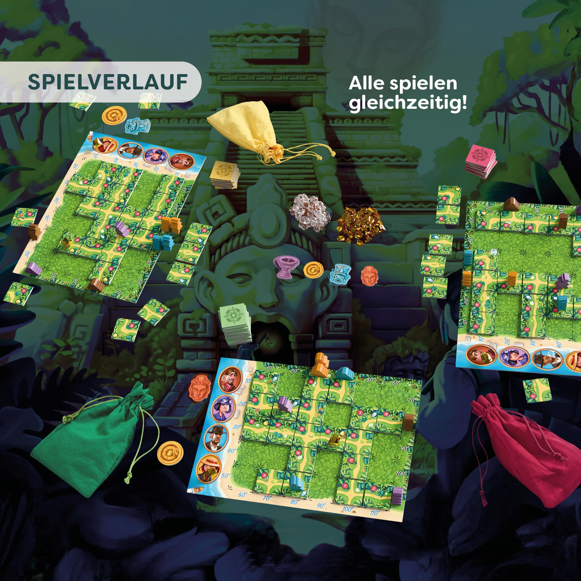 HABA Karuba – Abenteuer-Brettspiel für 2–4 Spieler ab 8 Jahren – Fesselndes Lege- und Strategiespiel im Dschungel mit Tempeln und Schätzen – 2012208001