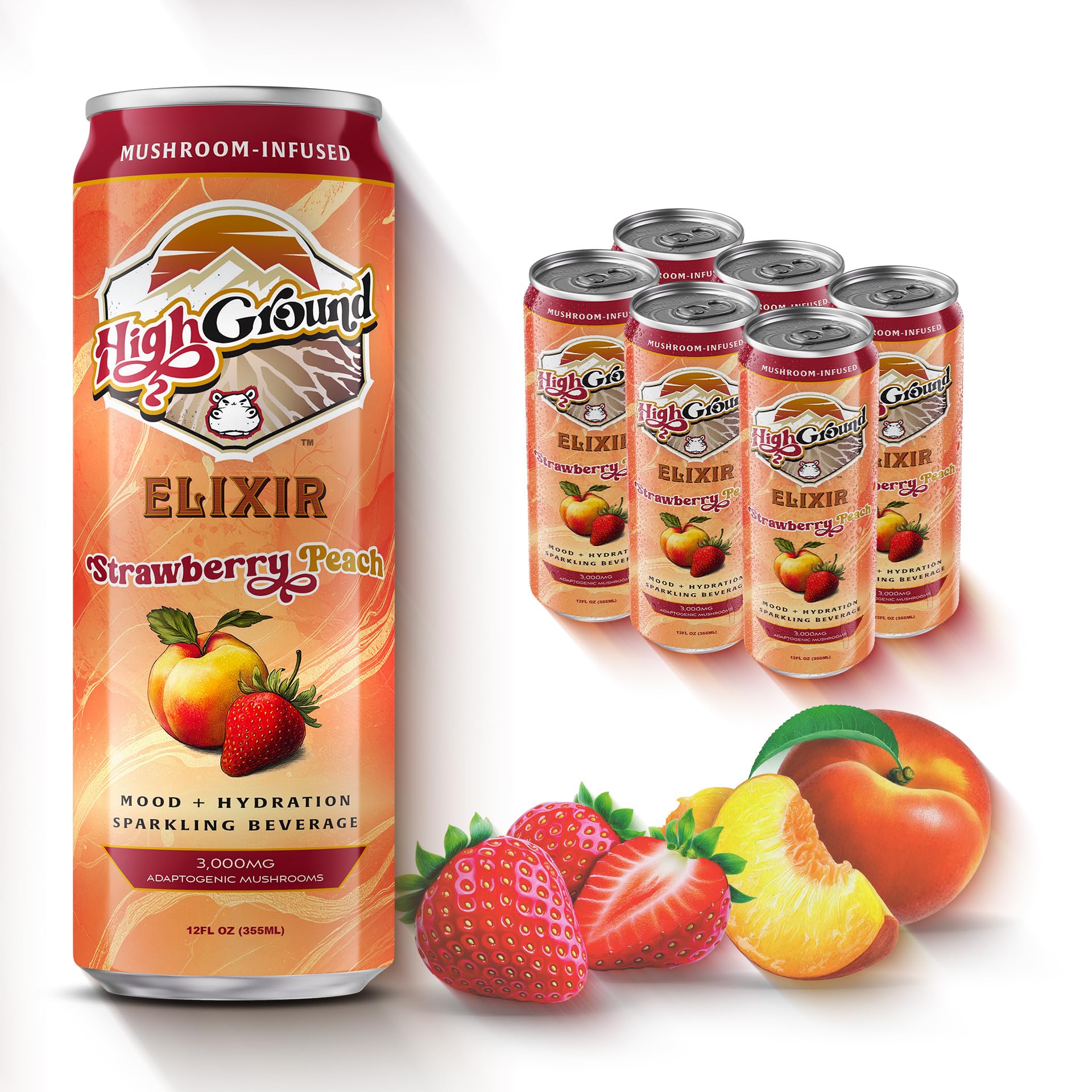 Amazon.com : High Ground Elixir Mushroom Seltzer  Strawberry Peach |  Lion's Mane for Focus, Reishi for Stress, Cordyceps, Chaga, Turkey Tail,  L-Theanine | Adaptogen Drink | Low Cal, No Added Sugar,