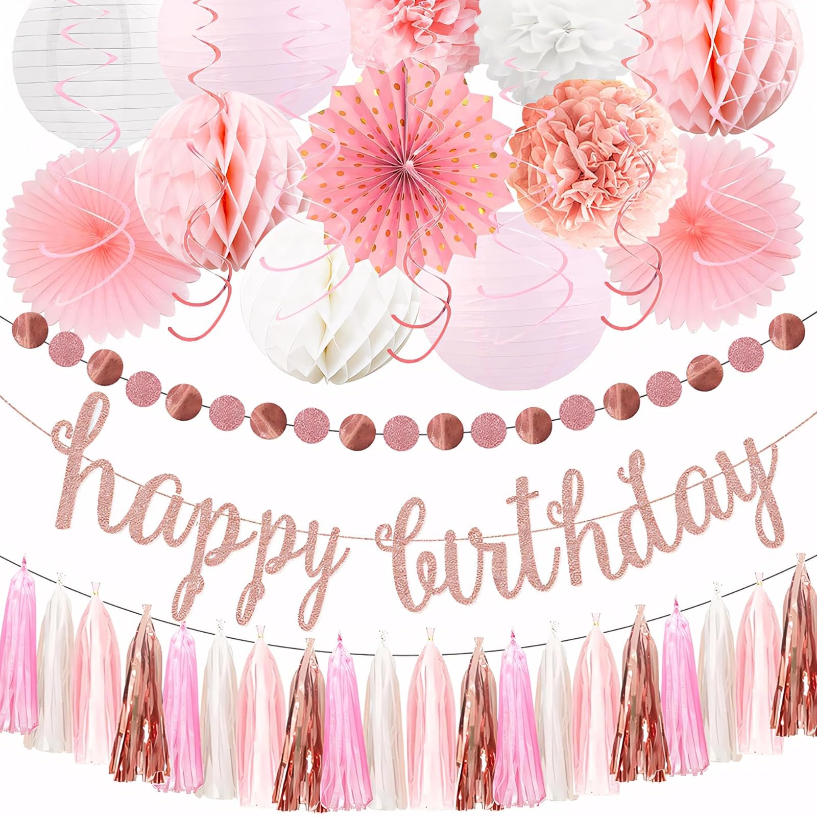 Décorations d'anniversaire 22 pièces, kit de décoration pour fête d'anniversaire, décor rose gold, éventails en papier, lanternes, pompons et guirlandes à franges pour célébrer un anniversaire