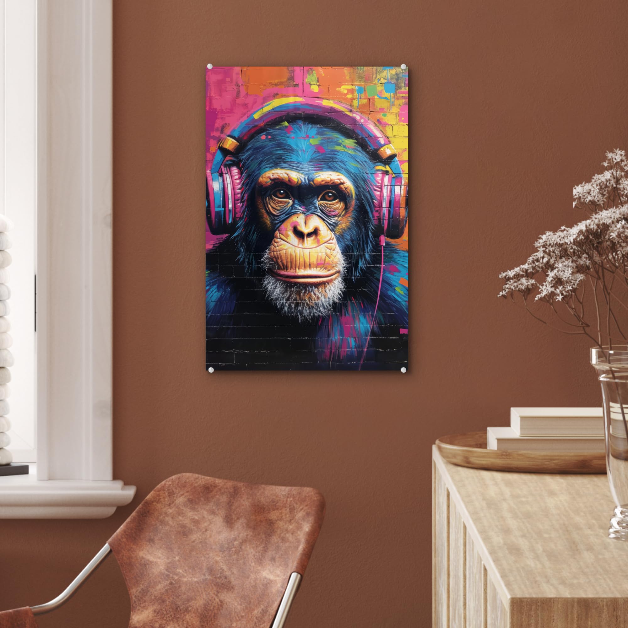 MuchoWow© Tableau en Verre 40x60 cm Décoration Murale Moderne pour Chambre Salle de Bain Salon Idée Cadeau Image Murale Graffiti - Chimpanzé - Art De Rue - Casque - Singe