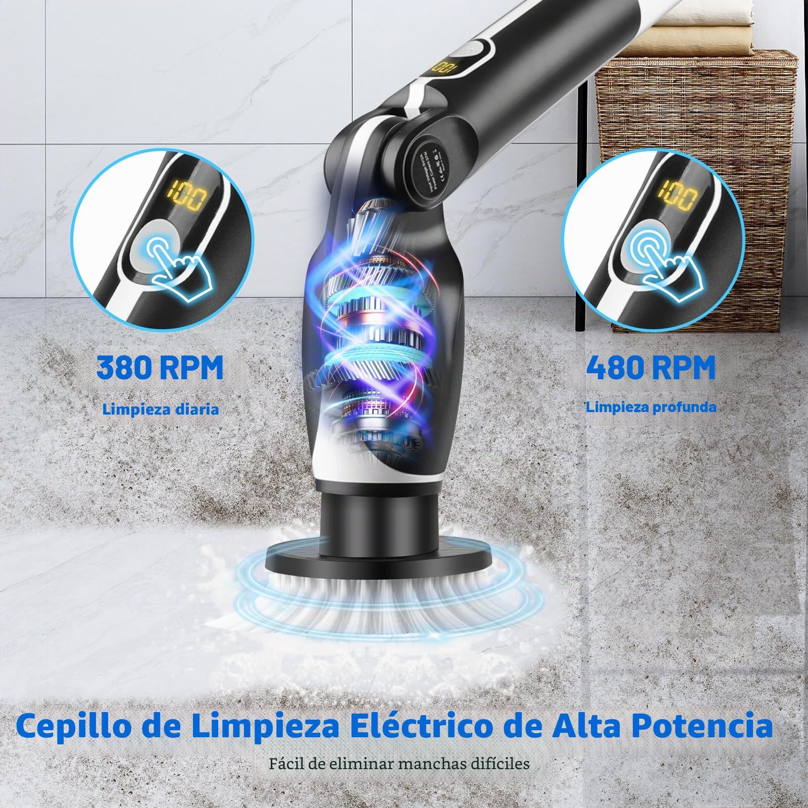 Cepillo Eléctrico Limpieza Hogar, Inalámbrico 129 cm con 8 Cabezas 450 RPM 6 Ángulos IPX7 Ajustables Cepillo Limpieza Baño para Azulejos, Cocina y Suelos
