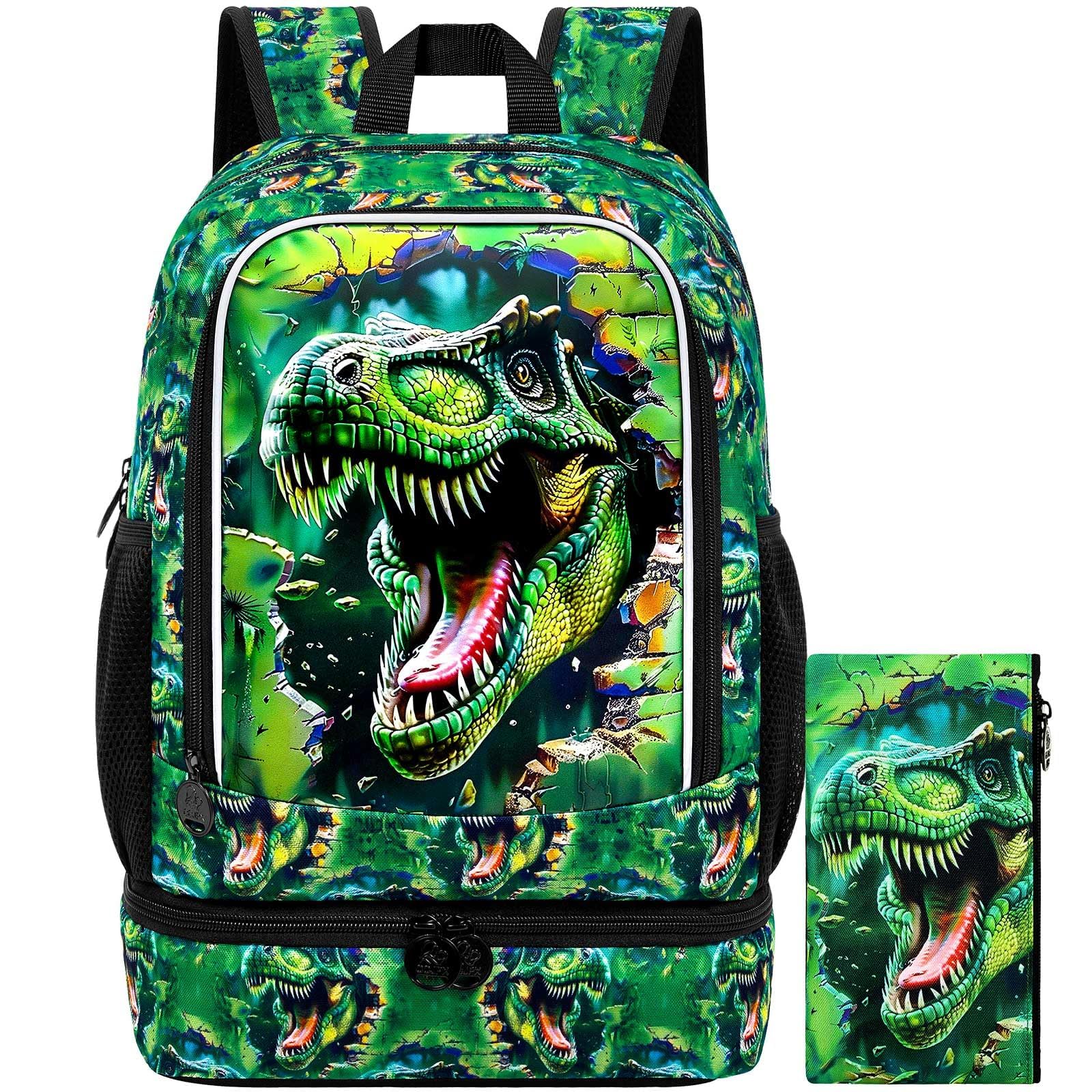 2 In 1 Dinosaur Backpack for Boys, 17" Kids Bookbag with Insulated Lunch Box, School Backpacks for Elementary Preschool Kindergarten (Black)