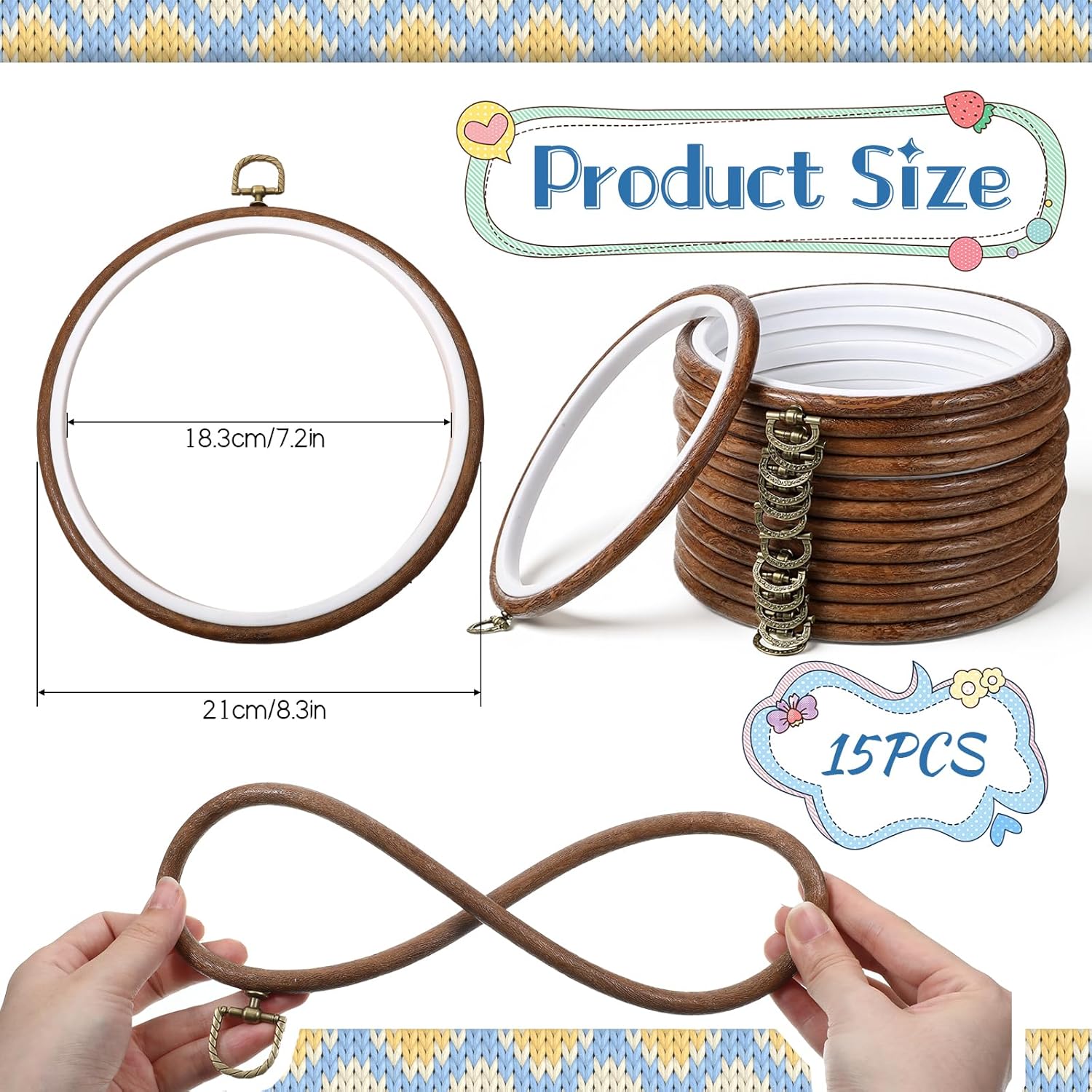 Yuanan 15 PCS 8 Inch Embroidery Hoop, Round Imitated Wood Cross Stitch Frame Rubber Display Frame Circle Decorative Embroiderys Hoop for DIY Art Craft Sewing Hanging Spring Ornaments