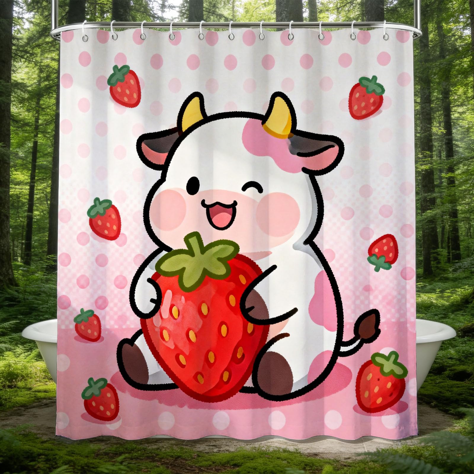 Hongduo White 3D Strawberry Cow Shower Curtain For Stalls Bathtubs Cute Illustration Bathroom Decor Shower Curtain Set Polyester Fabric Waterproof 120X180cm/48X71 Inch With Hooks