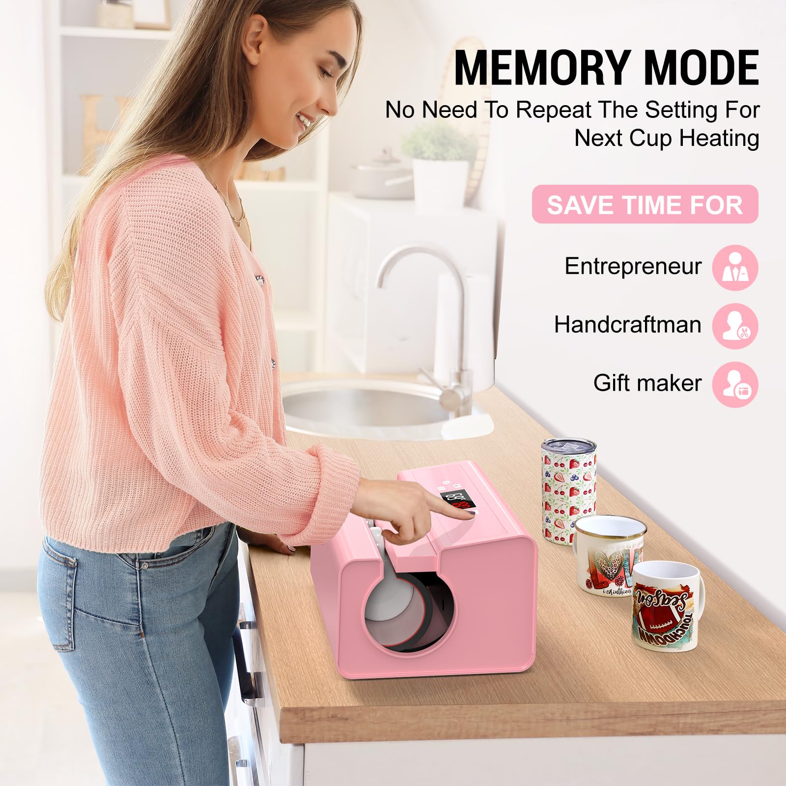 Pressa automatica per tazze, tazze, tazze, tazze da caffè, borracce e borse, controllo preciso dell'ora e della temperatura, regolazione della pressione premendo un pulsante (rosa)