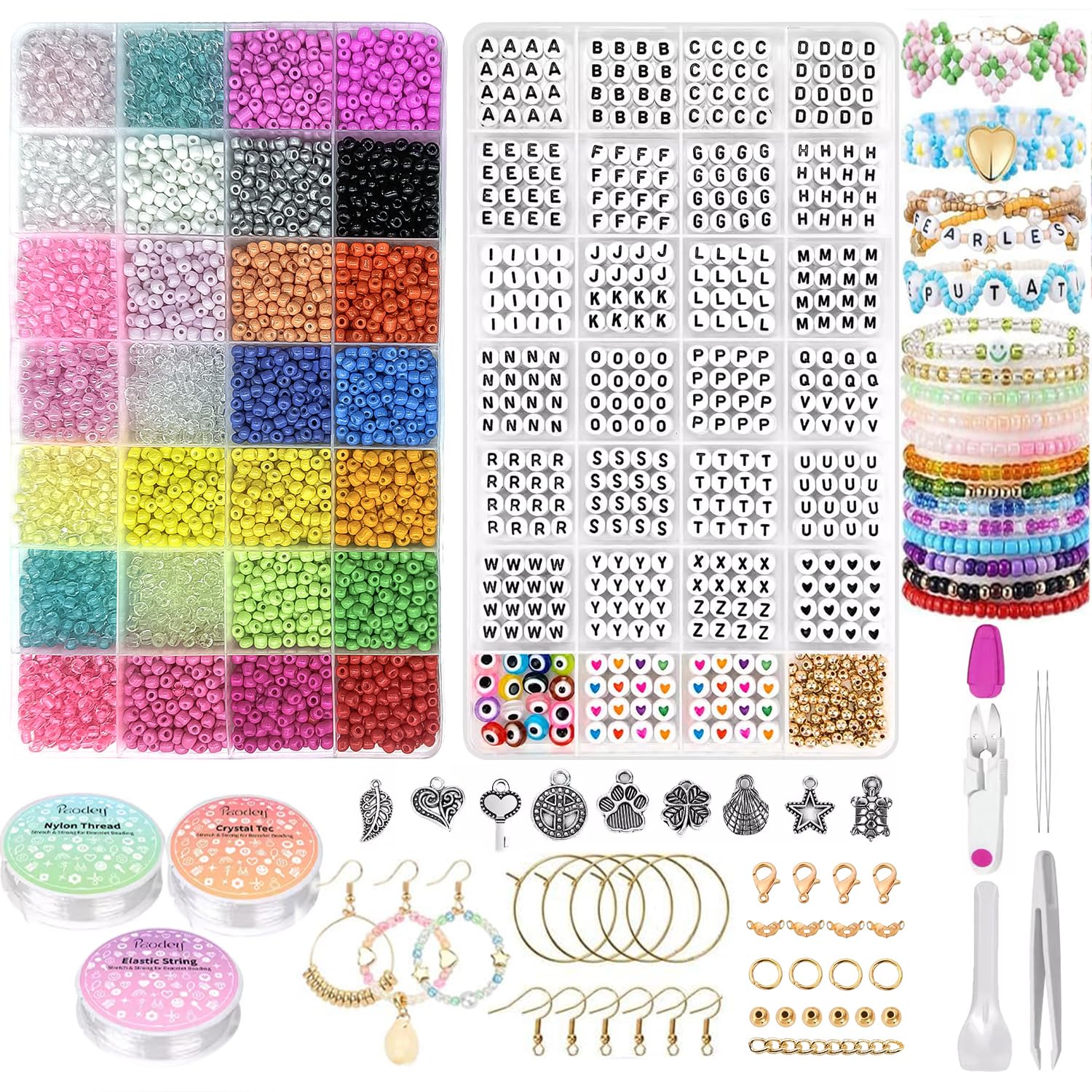 MAIQIEU 7000PCS Glass Seed Beads for Bracelet Making,4mm Jewellery Making kit 28 Colors, Letter Beads, Friendship Bracelet Making Kit, with Evil Eye Bead for DIY Art Craft Gifts